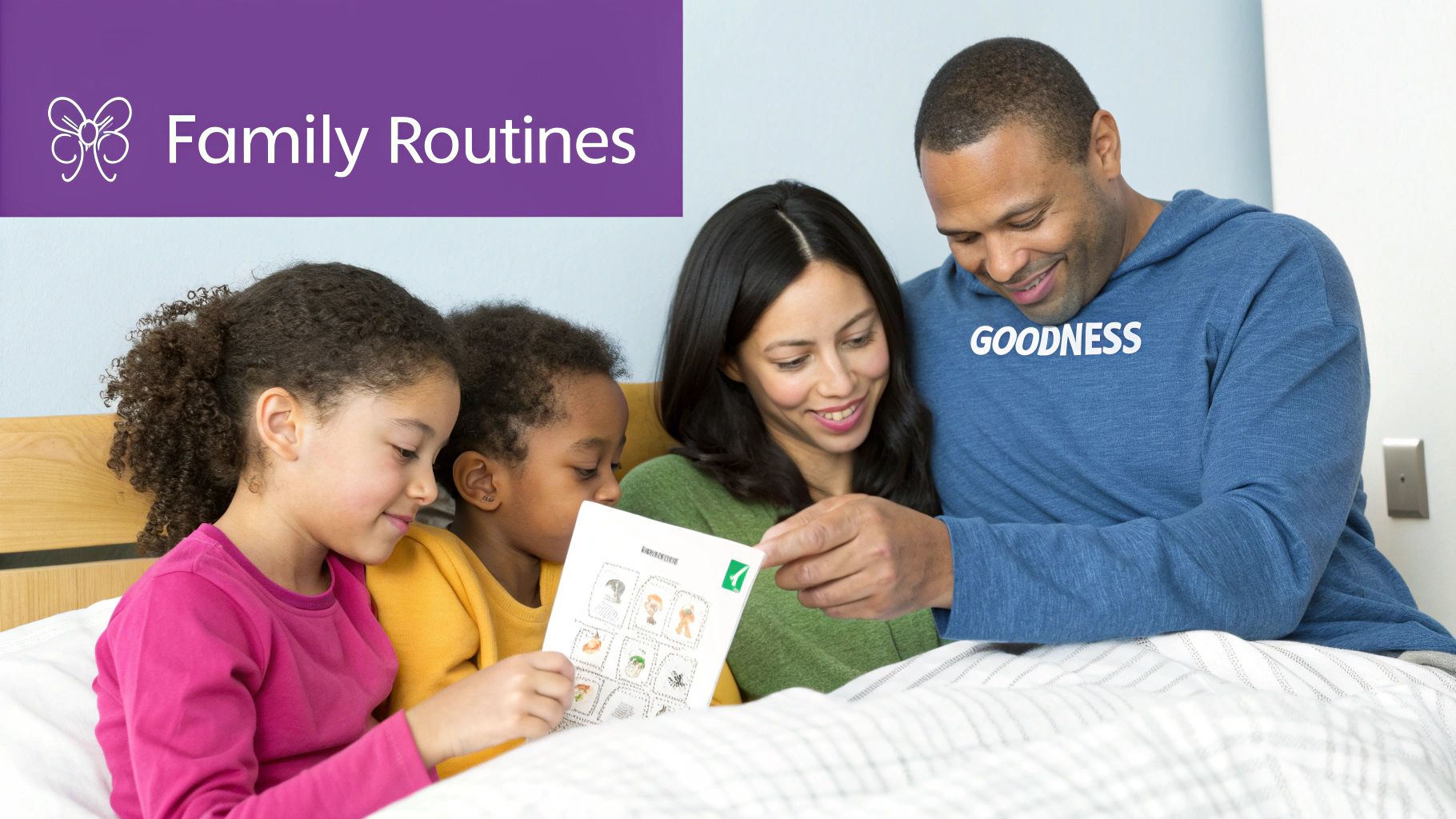 A family gathered on a couch, reading a a book together, creating a warm, loving atmosphere.