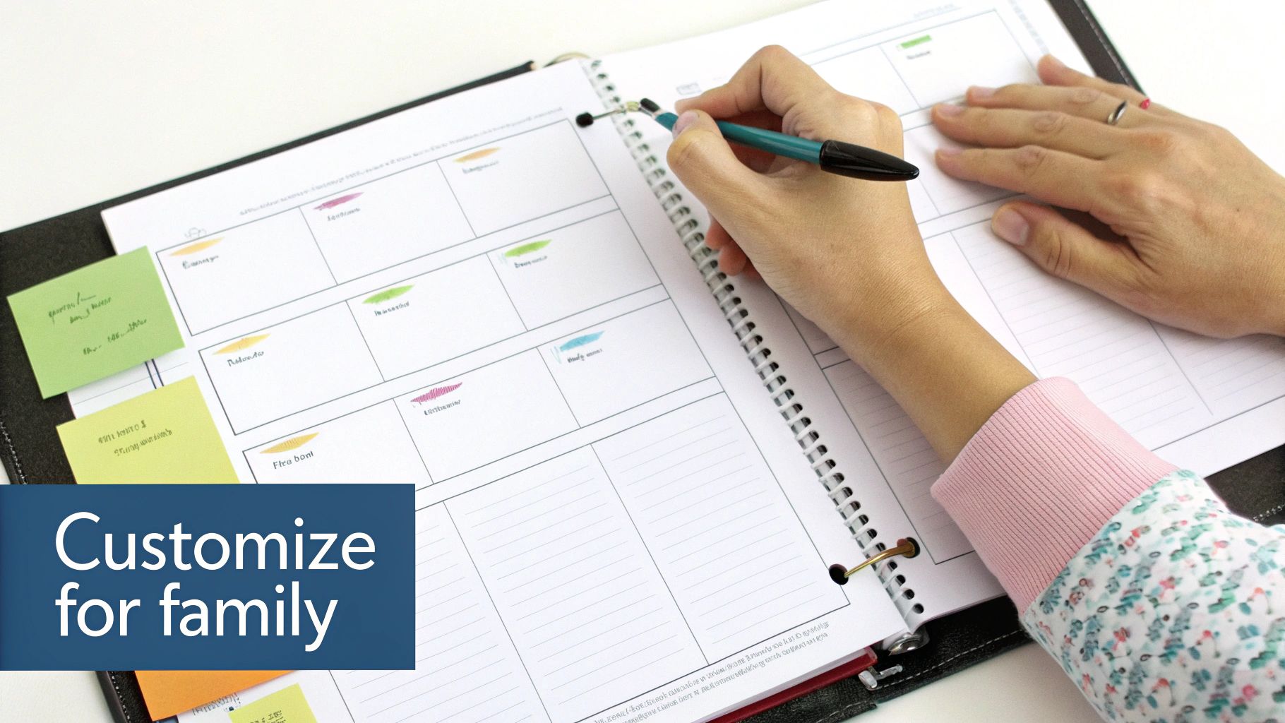 A personalized homeschool planner open on a desk, surrounded by colorful pens, stickers, and books.