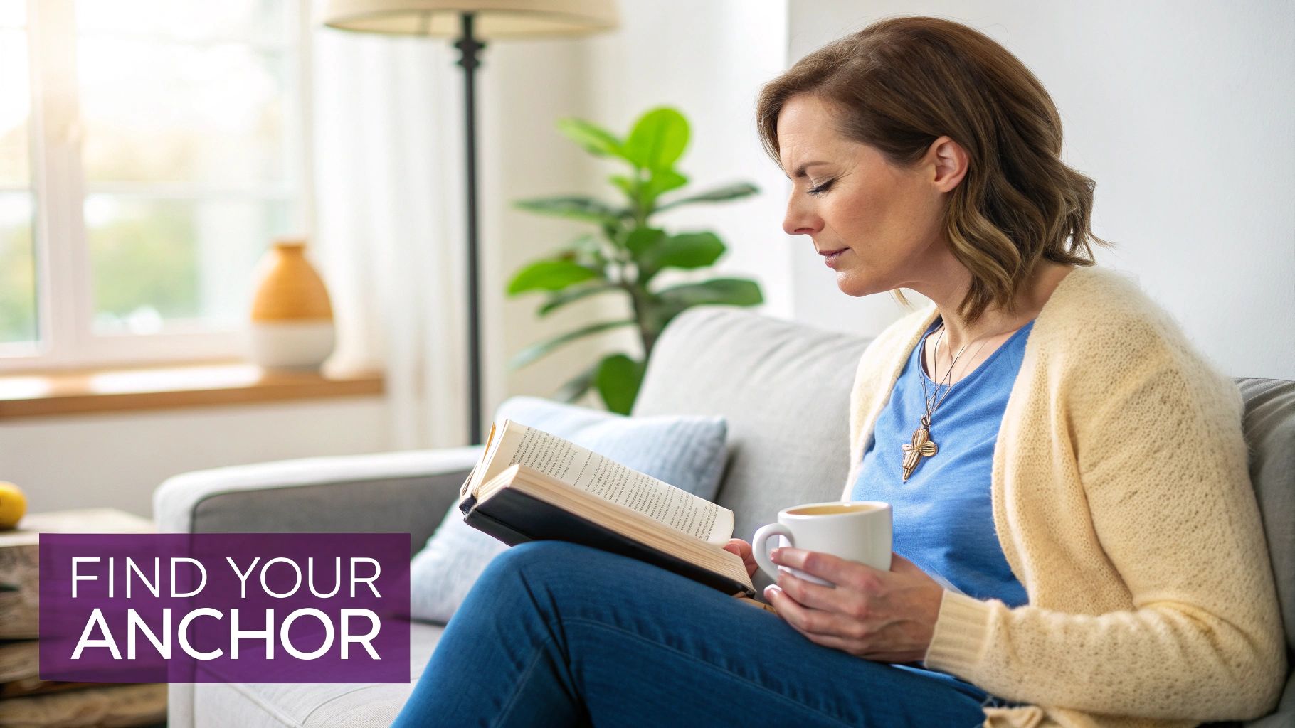 A group of moms sitting together, reading Bibles and talking in a living room.