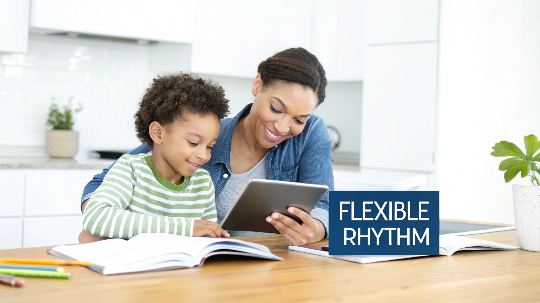 Mother and child using tablet for homeschooling with flexible schedule at kitchen table