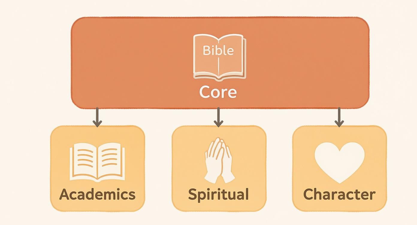 Bible Core curriculum diagram showing three pillars: academics, spiritual growth, and character development for Christian homeschool education