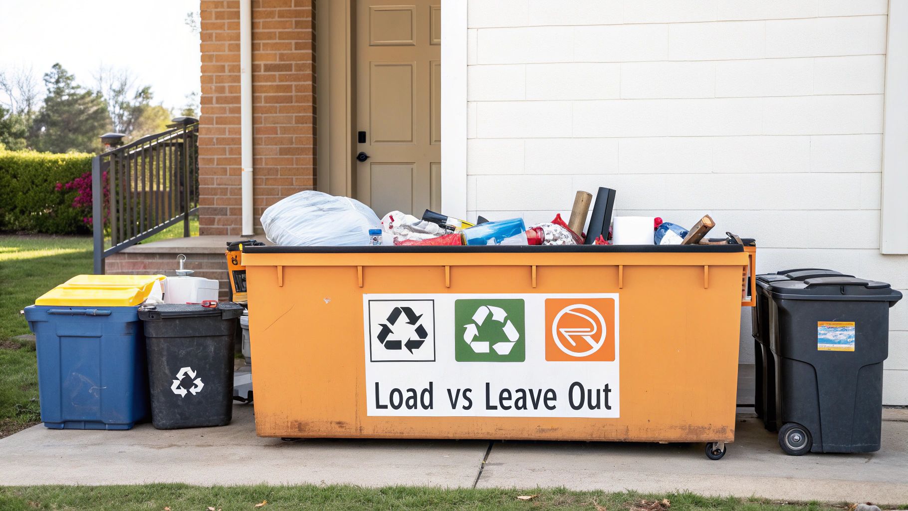 A person tossing a piece of wood into a 15-yard roll-off dumpster.