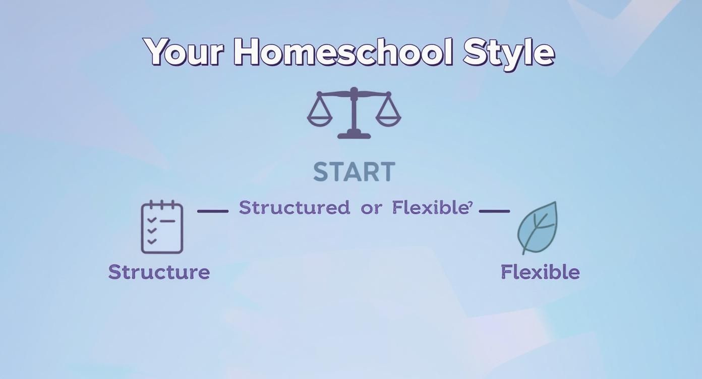 Homeschool style quiz flowchart showing choice between structured schedule with checklist or flexible approach with leaf icon