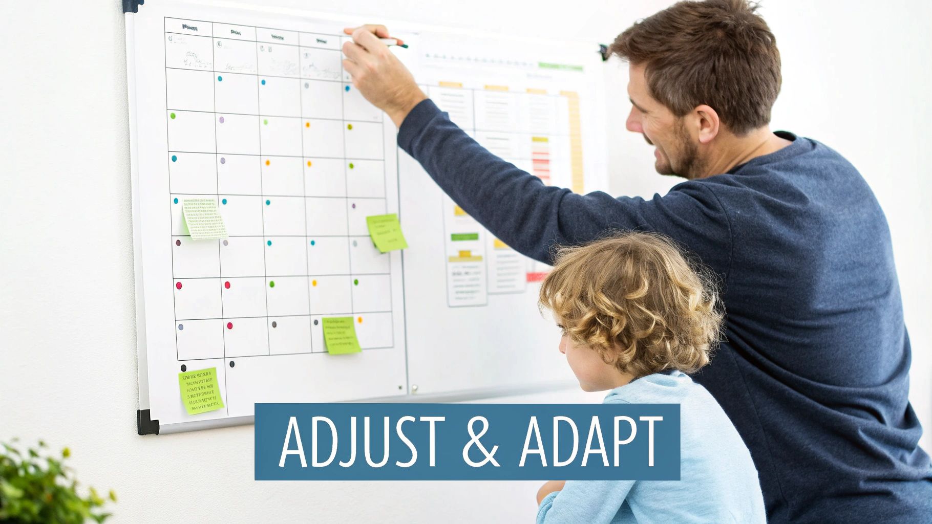 Father and child organizing homeschool daily schedule on wall calendar with colored markers and sticky notes