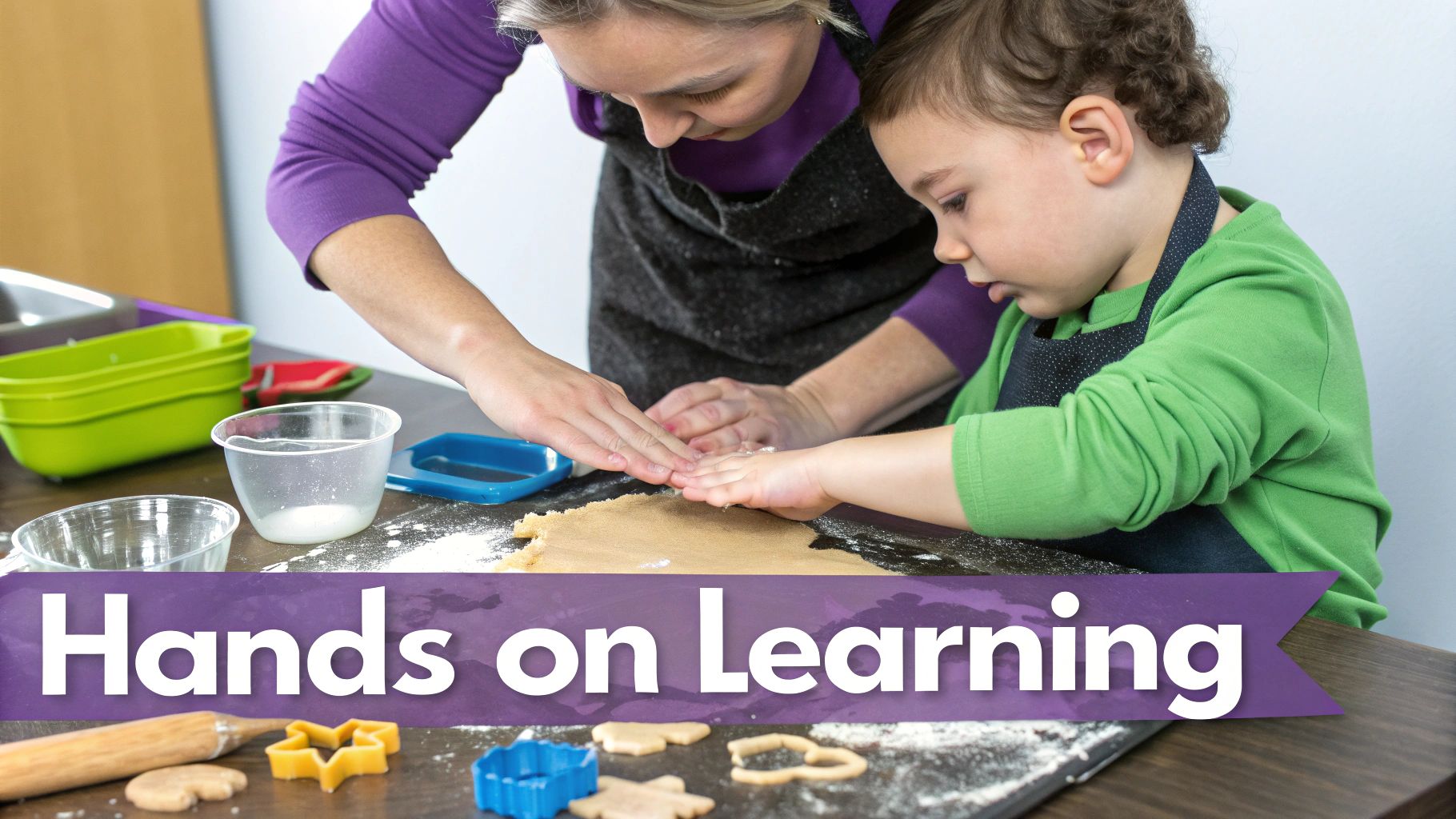 An adult and young child engage in hands-on learning, pressing cookie dough together.