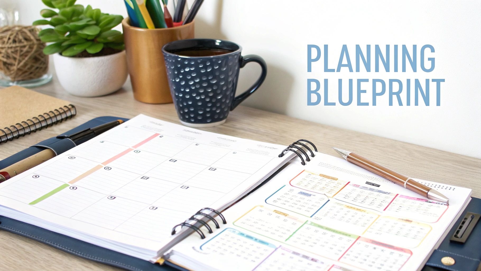 A person writing in a planner with a laptop and coffee nearby, symbolizing homeschool planning.