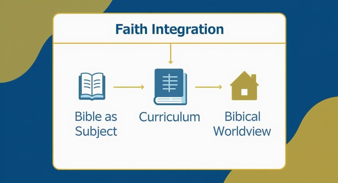 Infographic showing two paths of faith integration in curriculum, one treating the Bible as a subject and the other incorporating a biblical worldview foundationally.