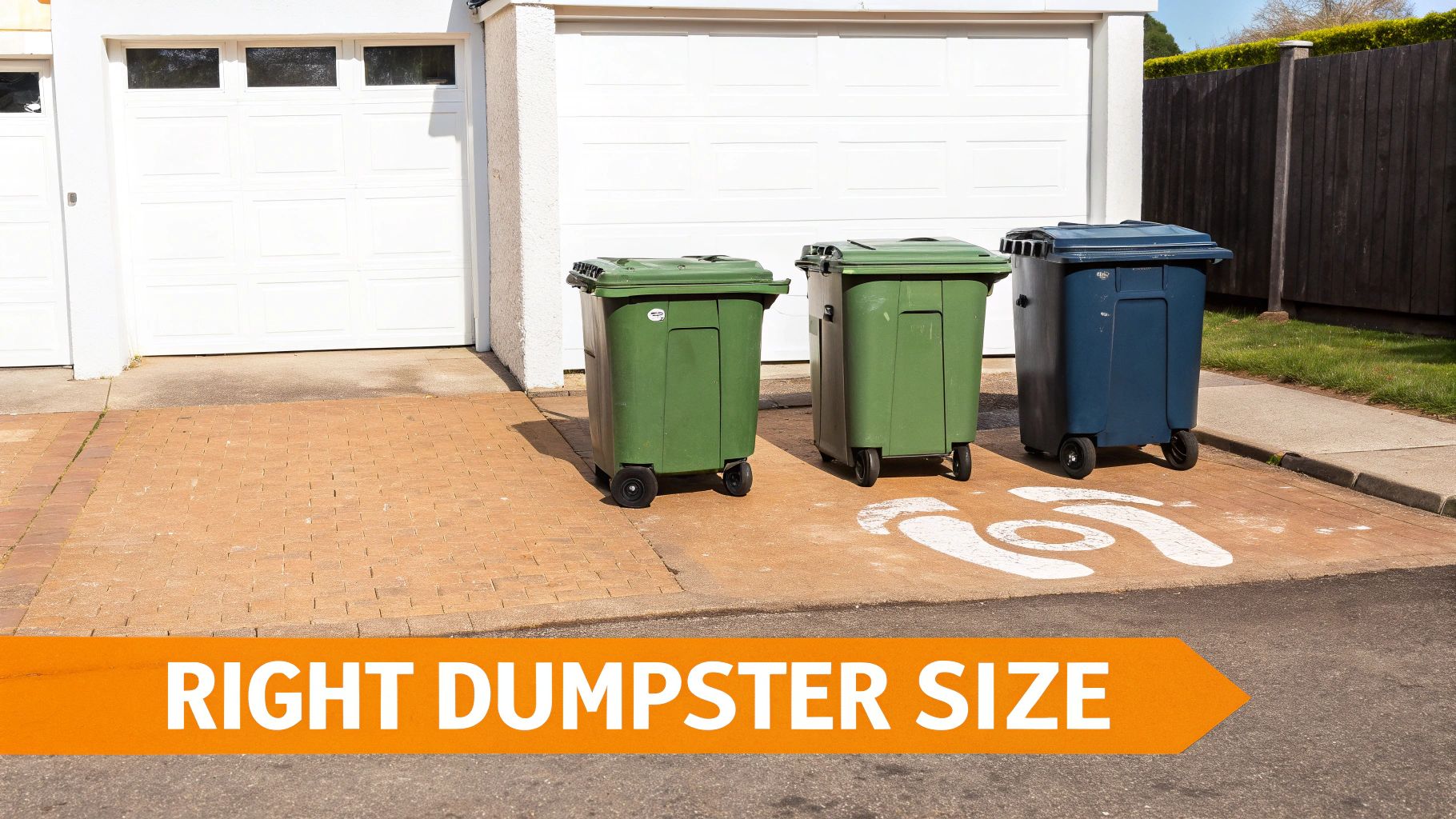 Several roll-off dumpsters of different sizes lined up on a street