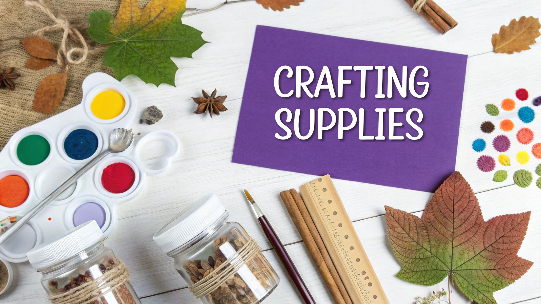 Crafting supplies including paints, brushes, leaves, and materials arranged on white wooden surface