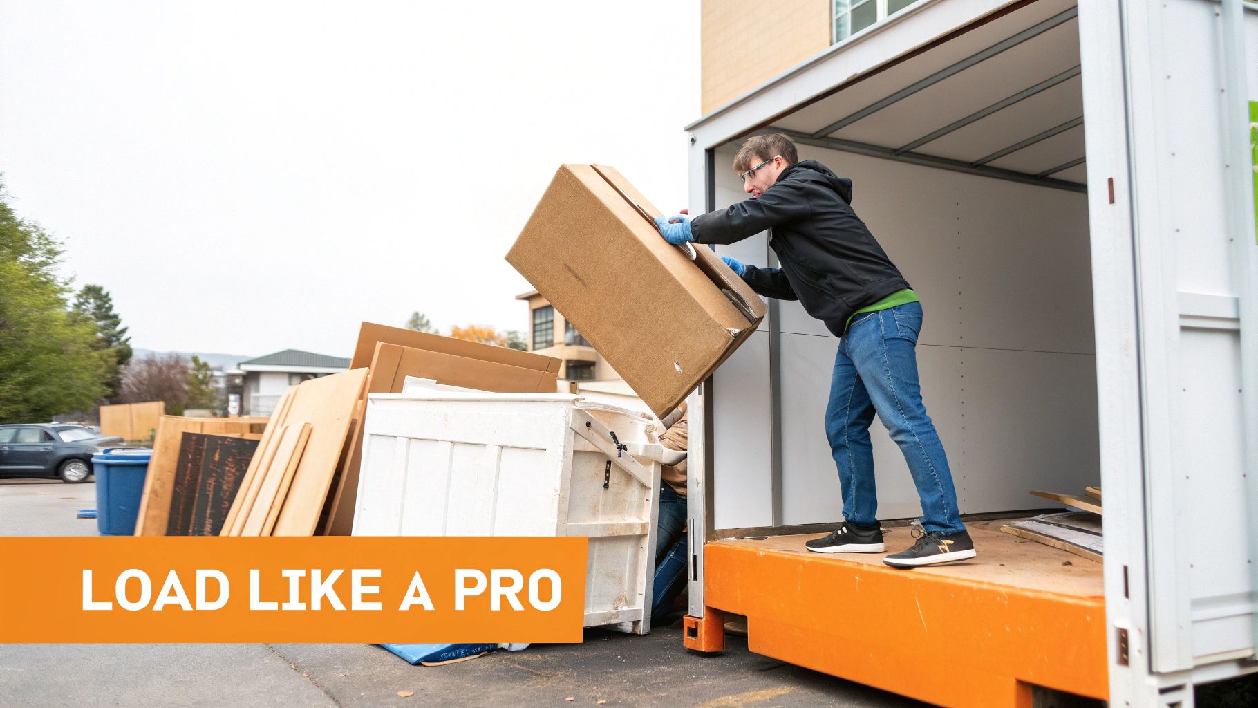 A person looking thoughtfully at different sized dumpsters