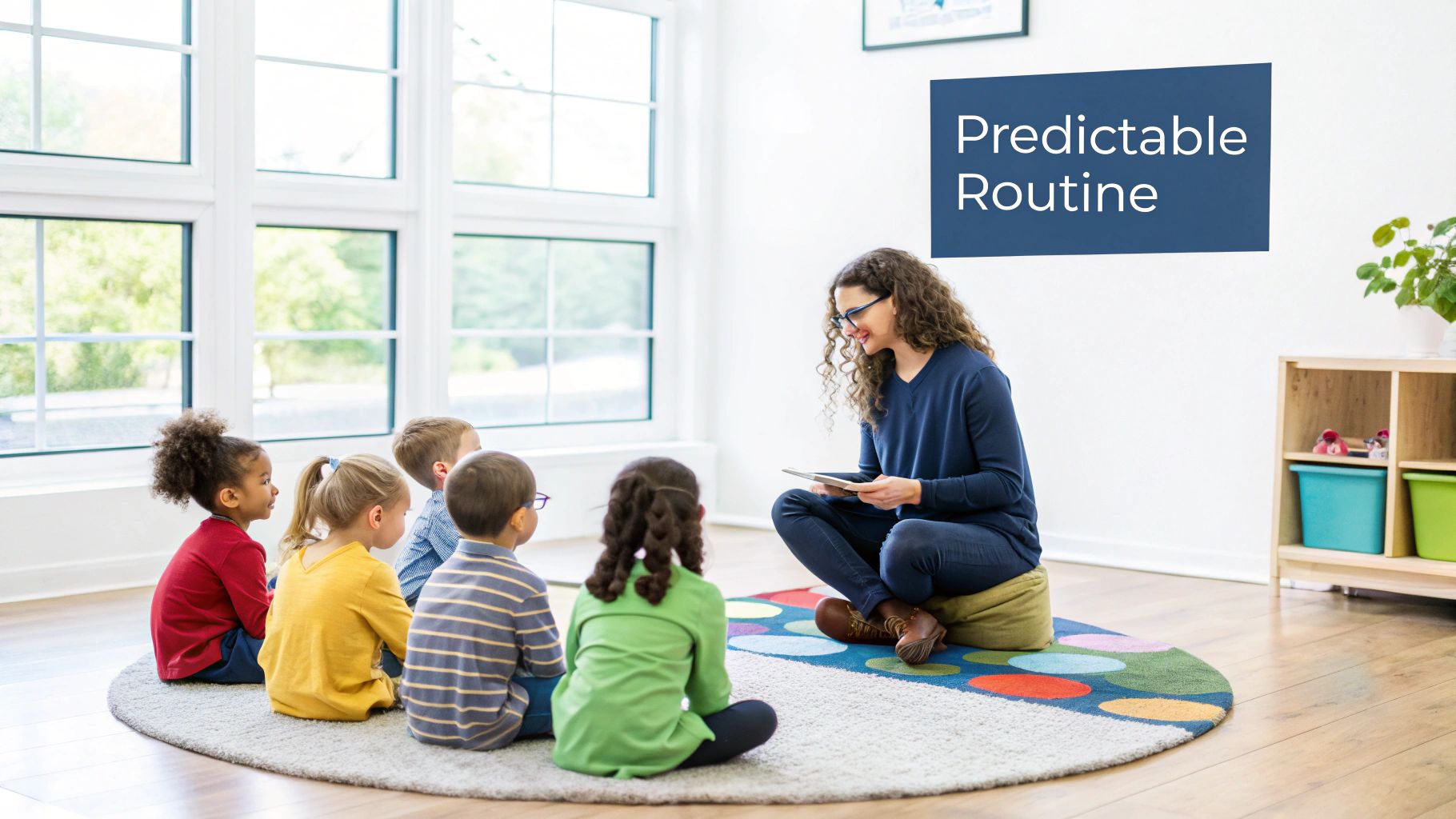 Teacher reading to diverse group of young children sitting on colorful rug in bright classroom