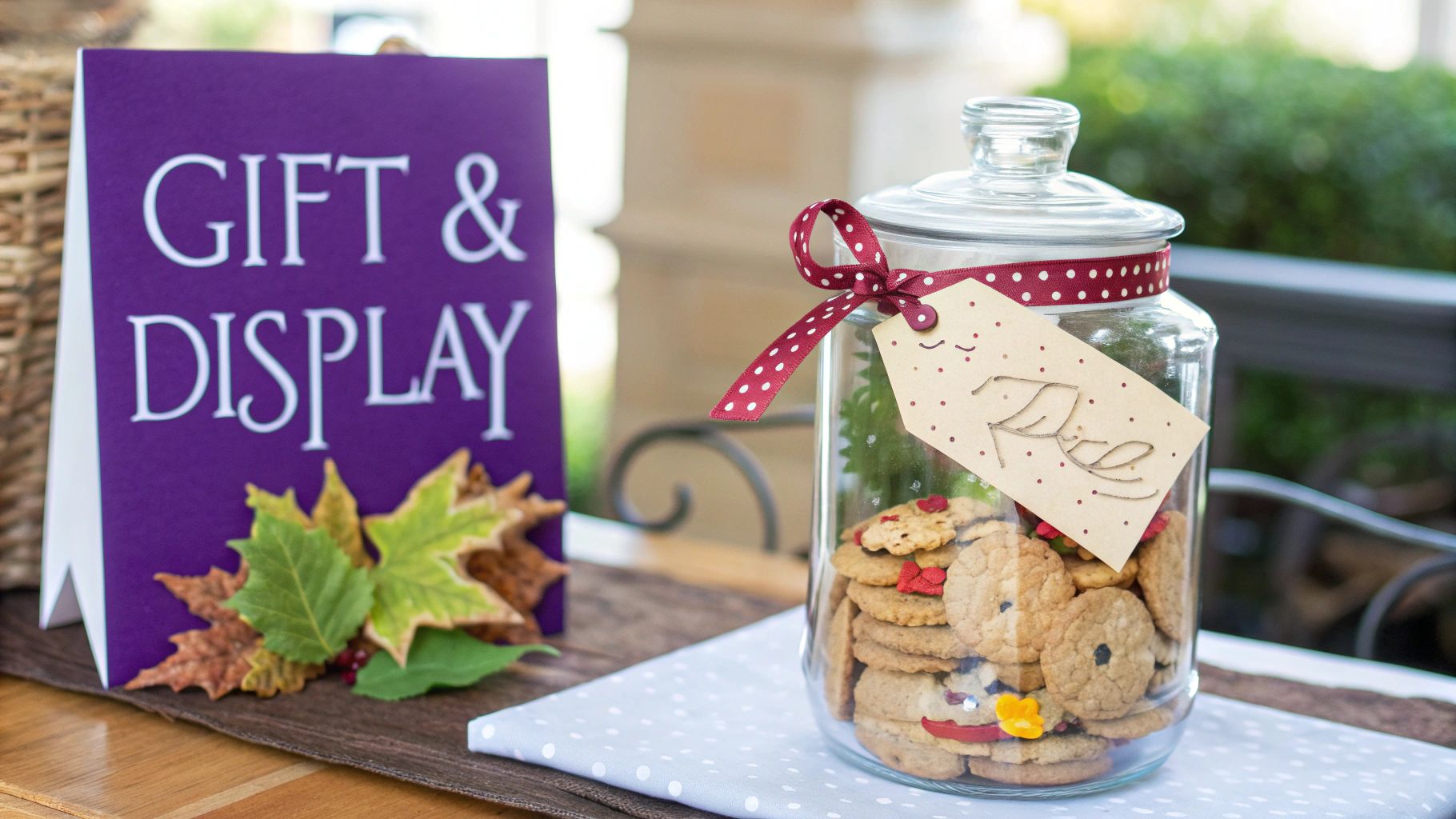 Glass cookie jar with ribbon and gift tag displayed next to purple gift and display sign