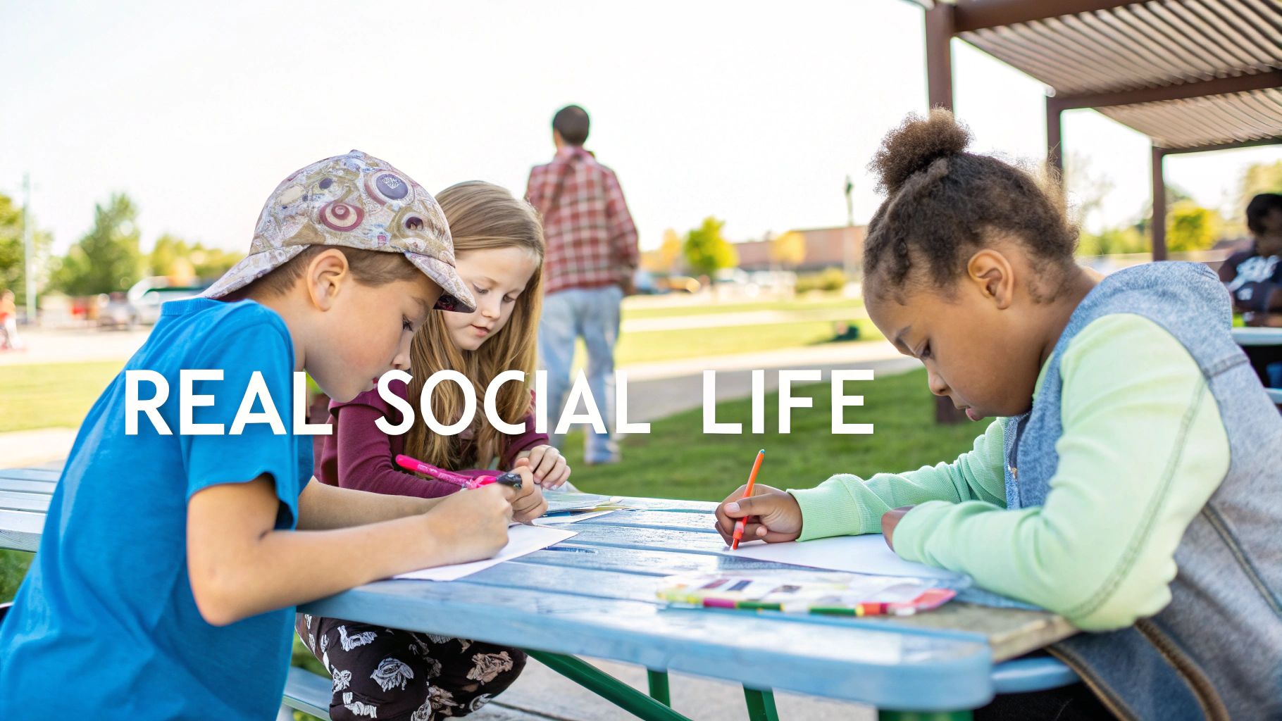 A group of children of various ages sitting on a picnic blanket outdoors, laughing and interacting with each other during a homeschooling group activity.