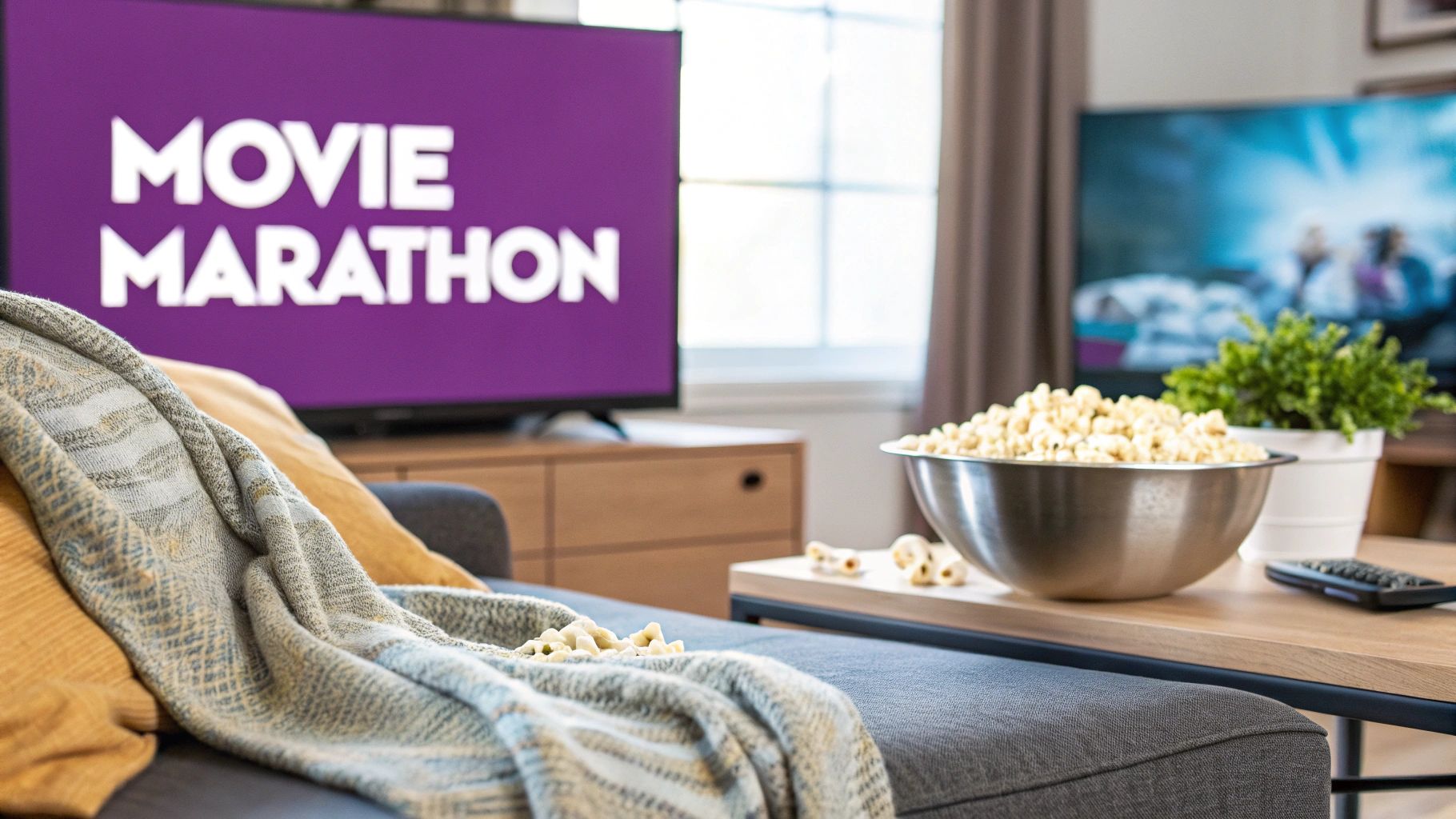 Cozy living room setup with popcorn bowl and TV displaying movie marathon for home date night