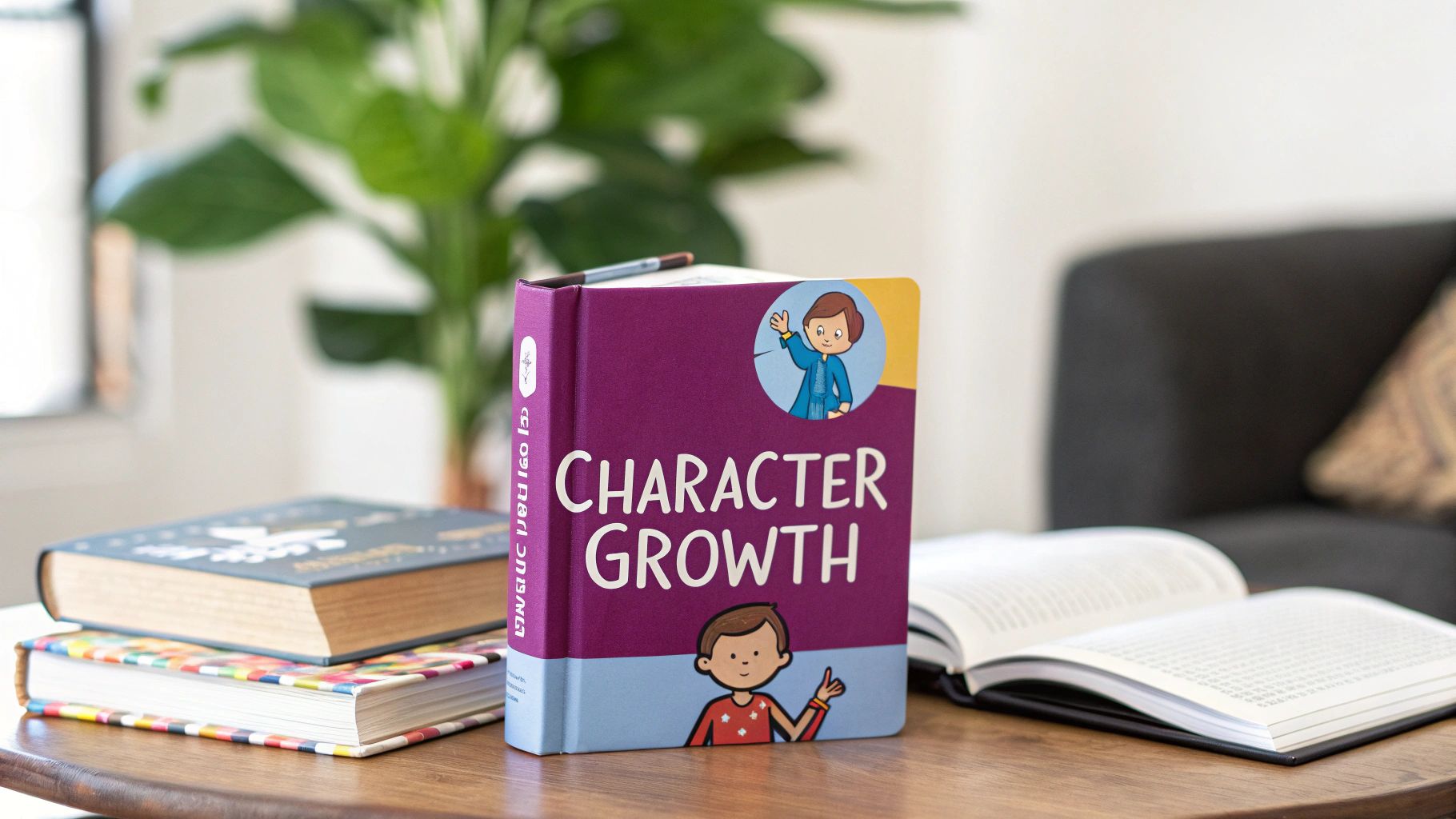 A family sitting on the floor reading a devotional book together in a brightly lit living room.