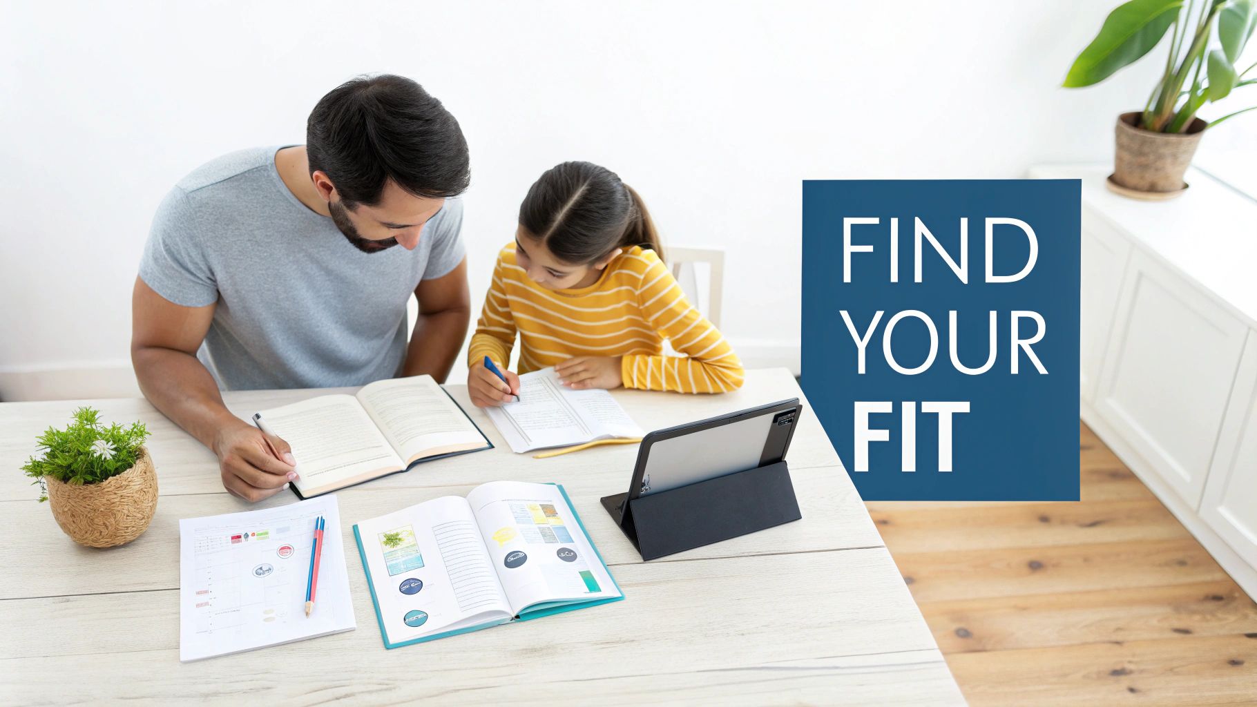 A mother and her two children sitting at a wooden table, engaged in a hands-on homeschooling activity with colorful blocks and papers.