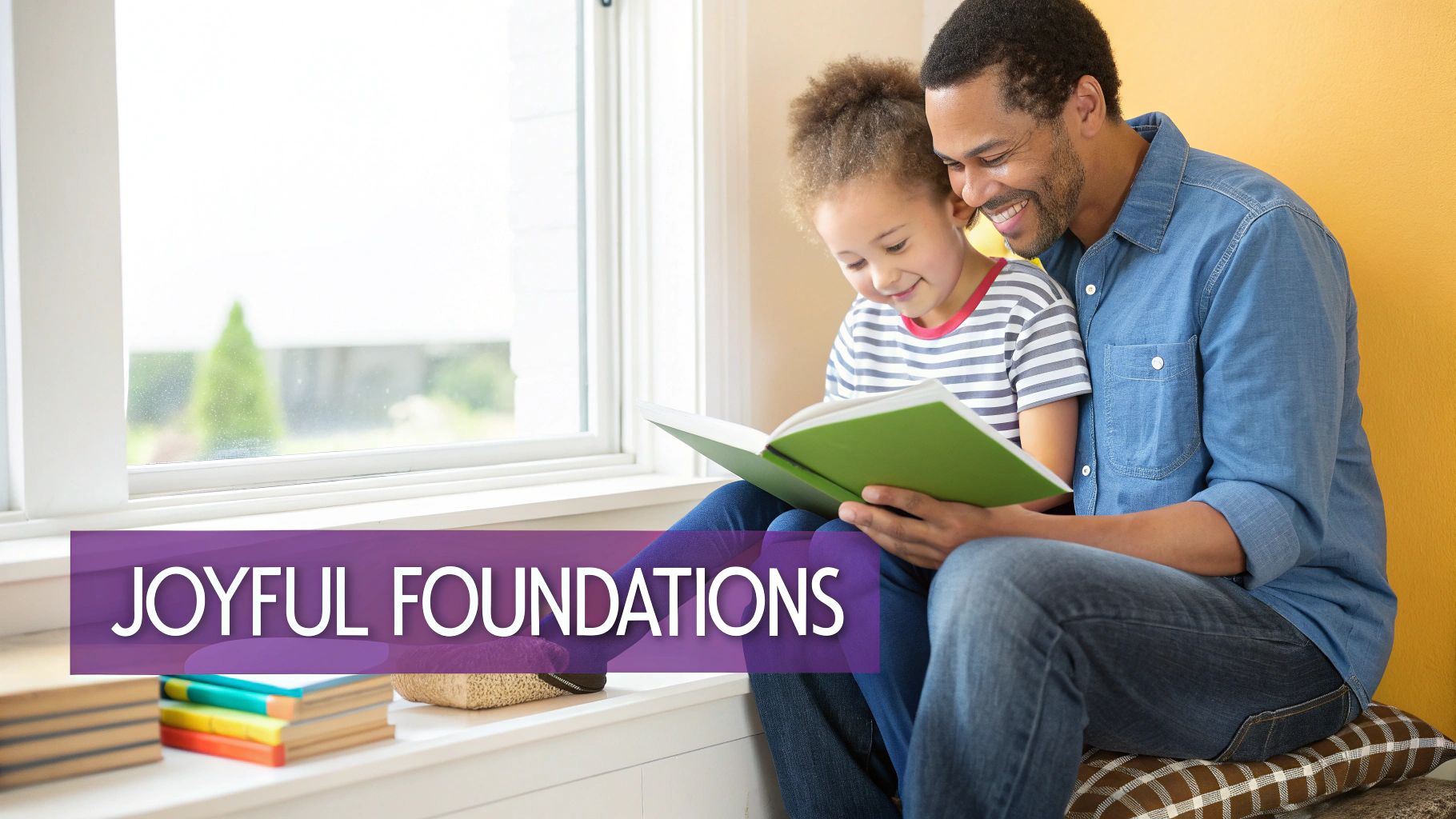 Smiling father and daughter reading a book together by a sunny window, with colorful books nearby.