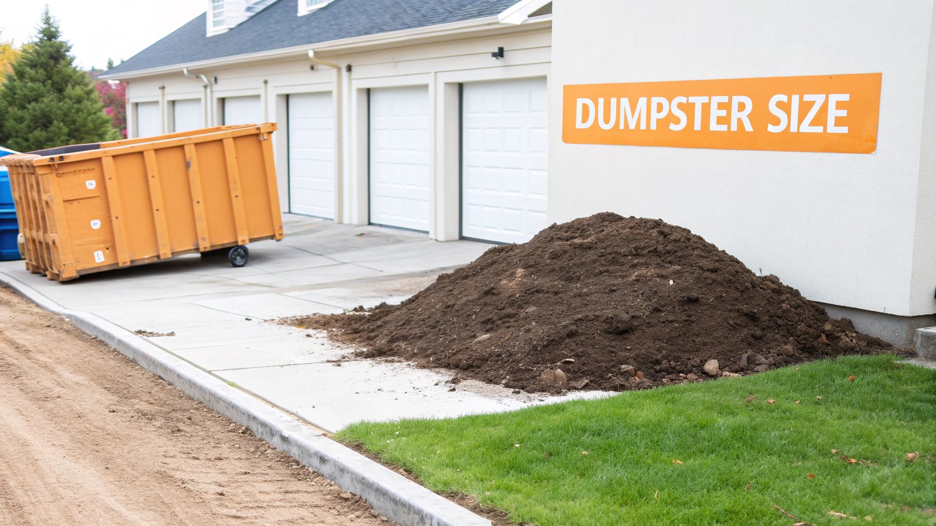 A 10-yard roll-off dumpster being delivered to a residential driveway in Michigan.