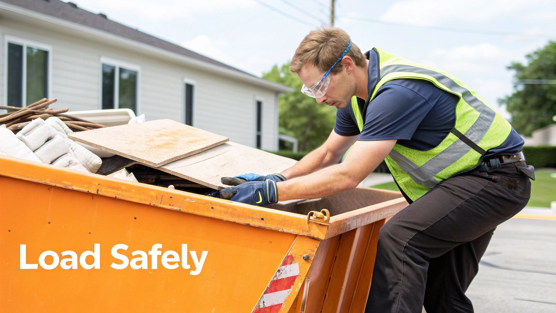 People loading construction debris into a 20 yard roll-off dumpster.