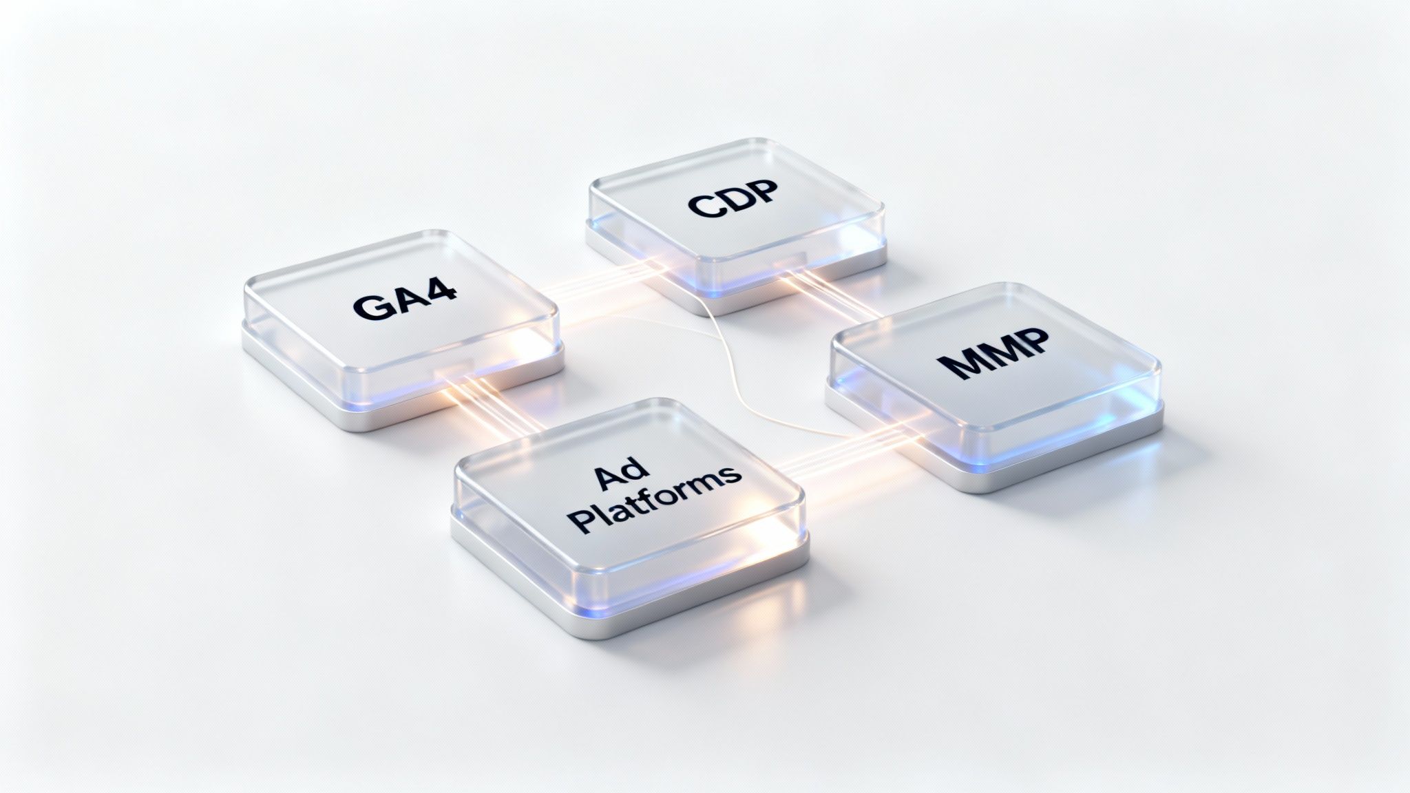 Four interconnected data marketing platforms: GA4, CDP, MMP, and Ad Platforms, symbolizing data flow.