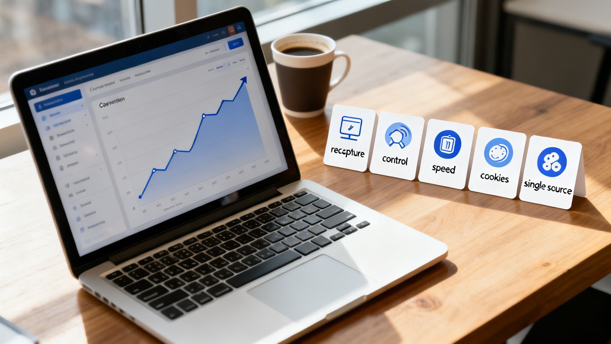 Laptop displaying a conversion graph on a wooden desk with cards outlining server-side tracking concepts.