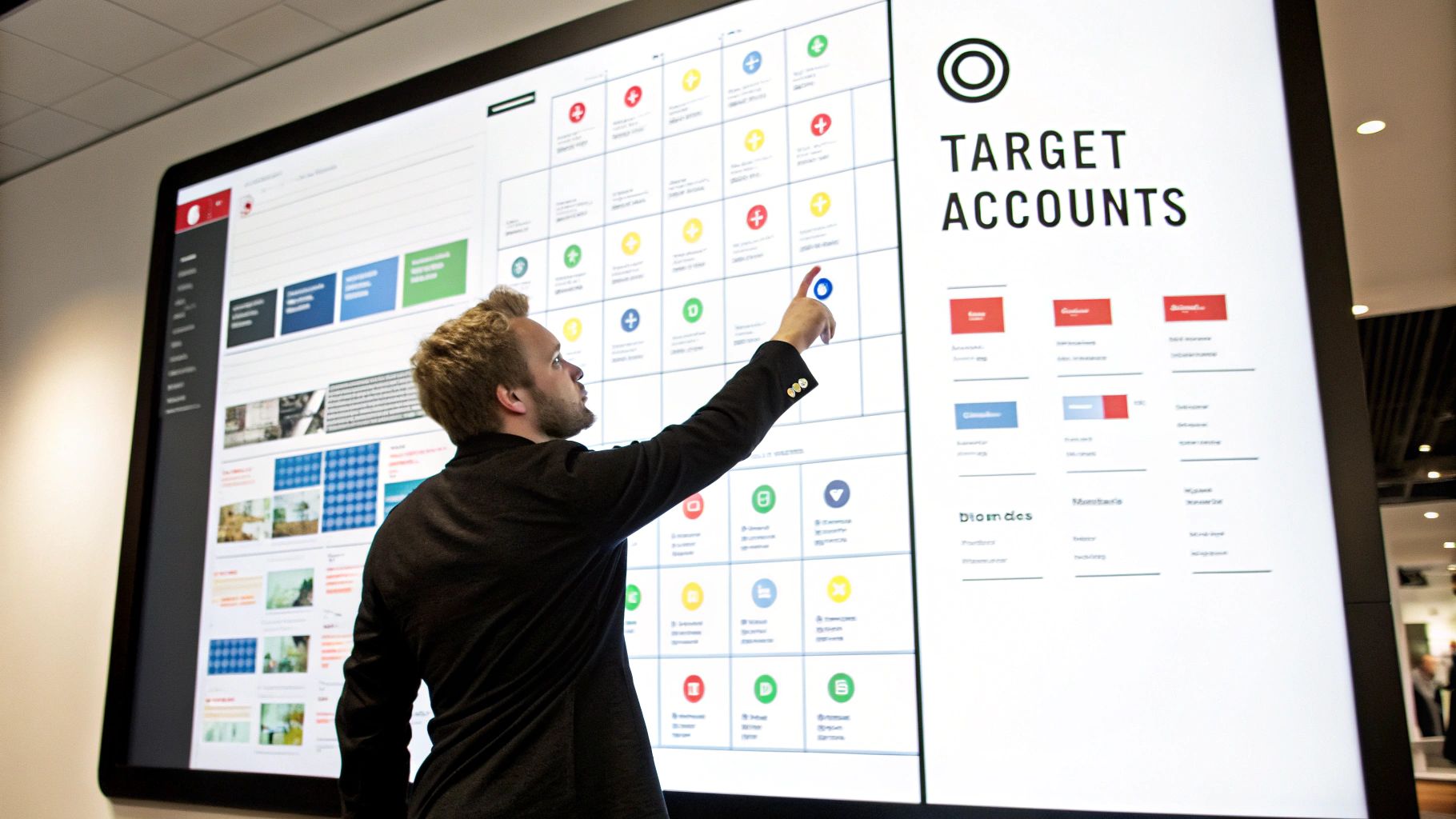 A man in a black suit interacts with a large digital screen displaying target accounts and data.