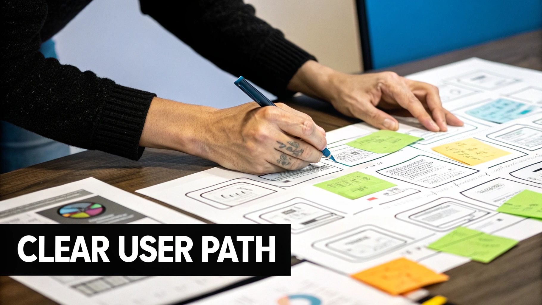 UX designer creating user flow diagrams with a pen and sticky notes for a clear user path.
