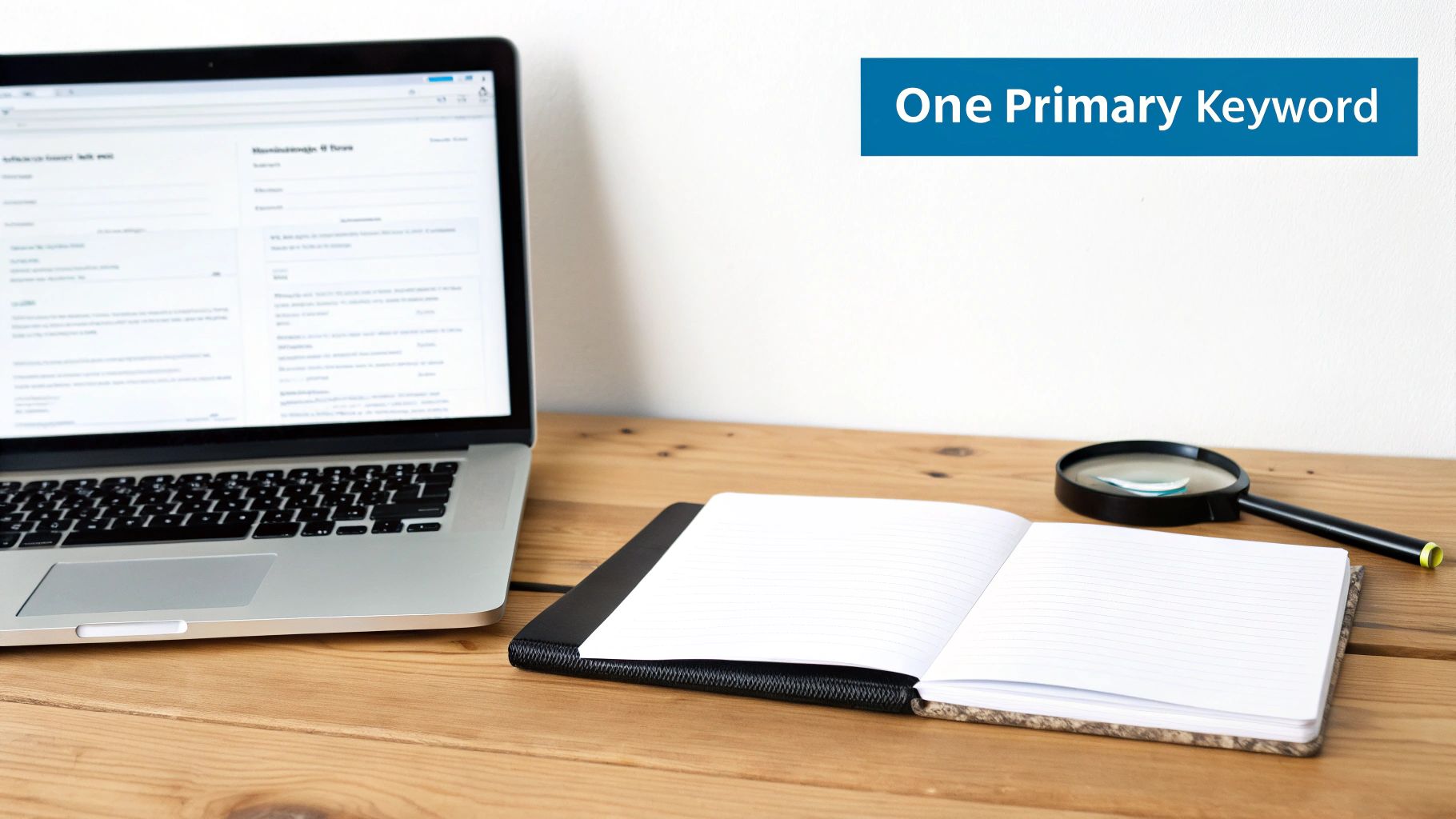 A laptop, open notebook, and magnifying glass on a wooden desk with a blue banner saying 'One Primary Keyword'.
