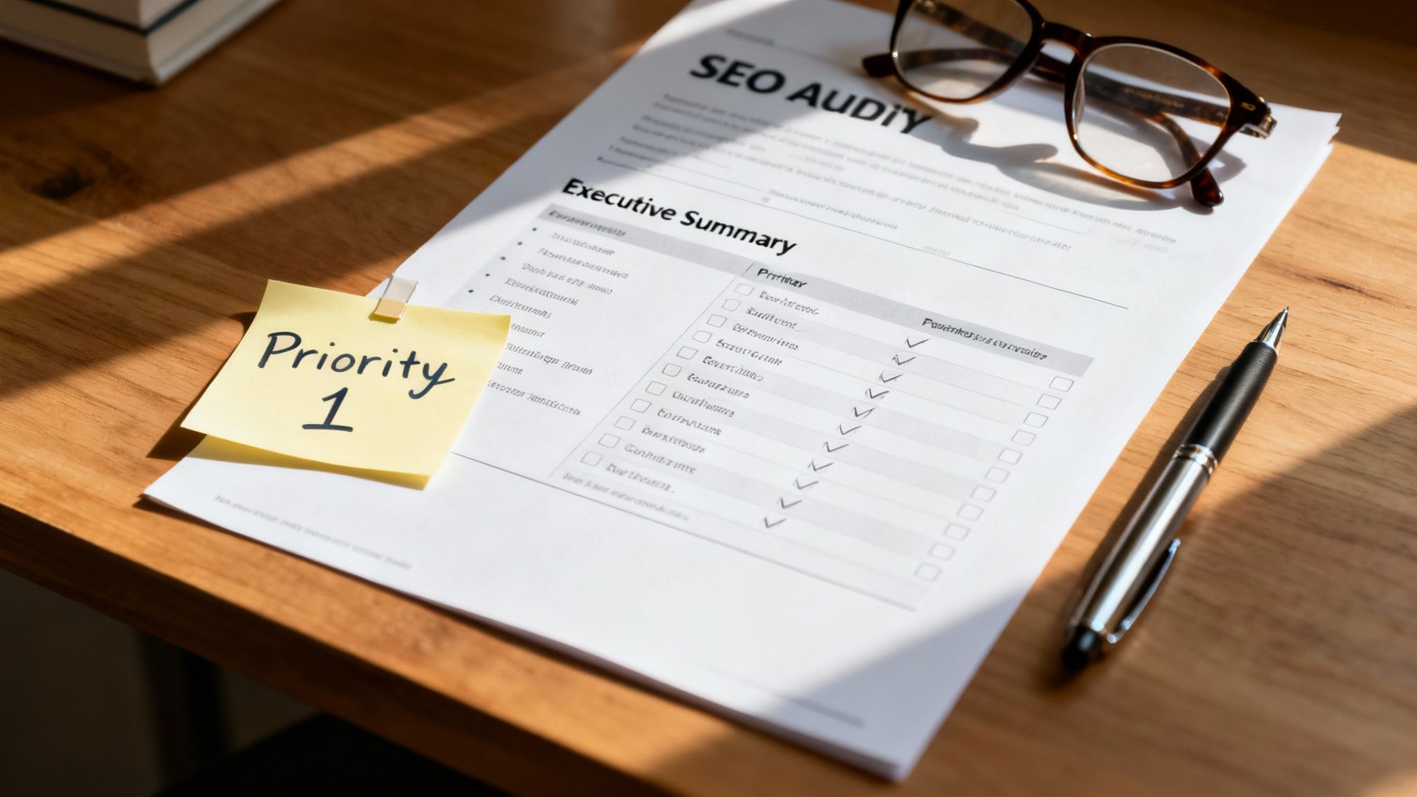 SEO audit document on a wooden desk with a 'Priority 1' sticky note, glasses, and a pen.