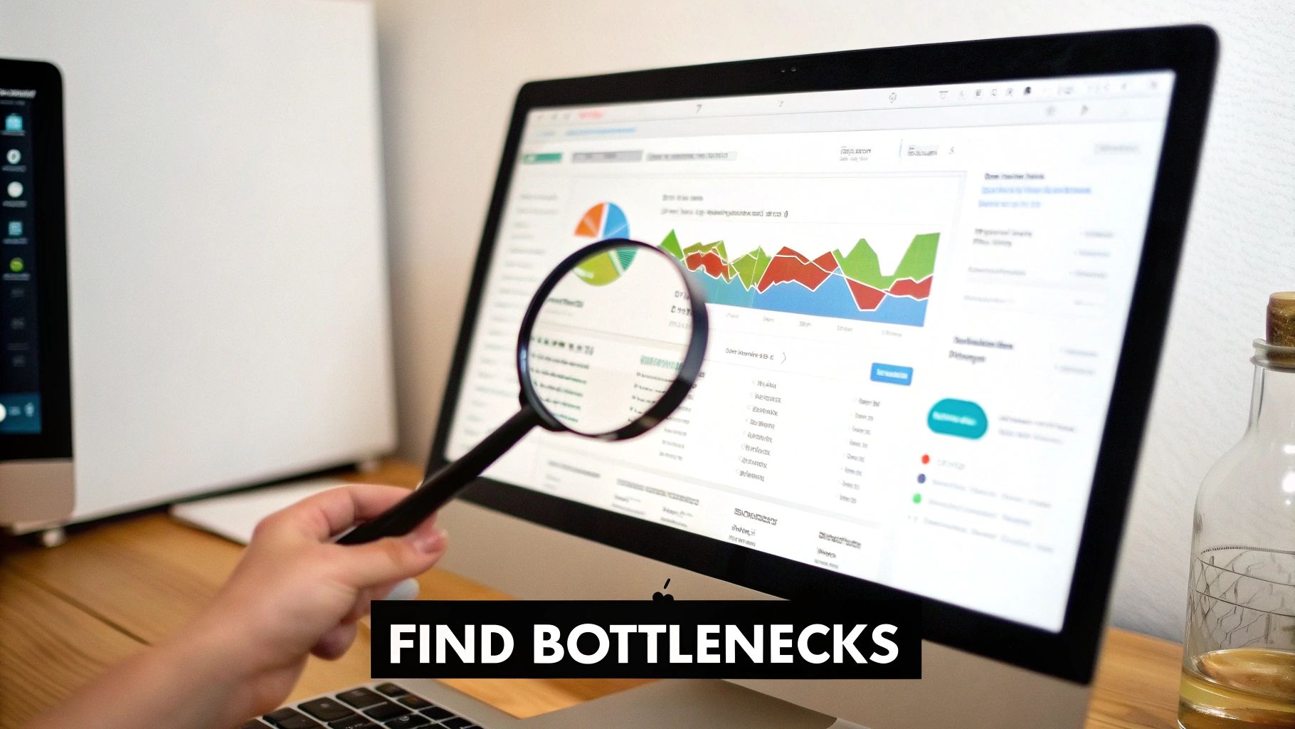 Person analyzing business data on a computer screen with a magnifying glass to find bottlenecks.