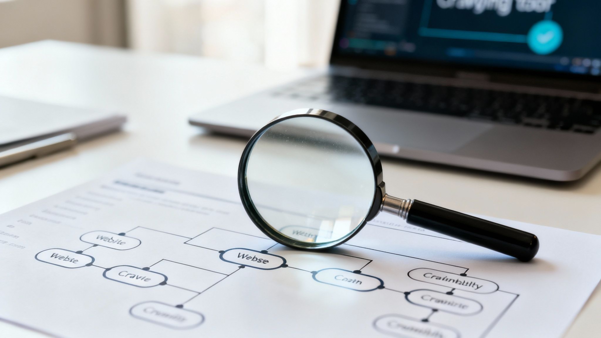A magnifying glass rests on a document displaying a website flowchart, with a laptop in the background, suggesting technical SEO analysis.