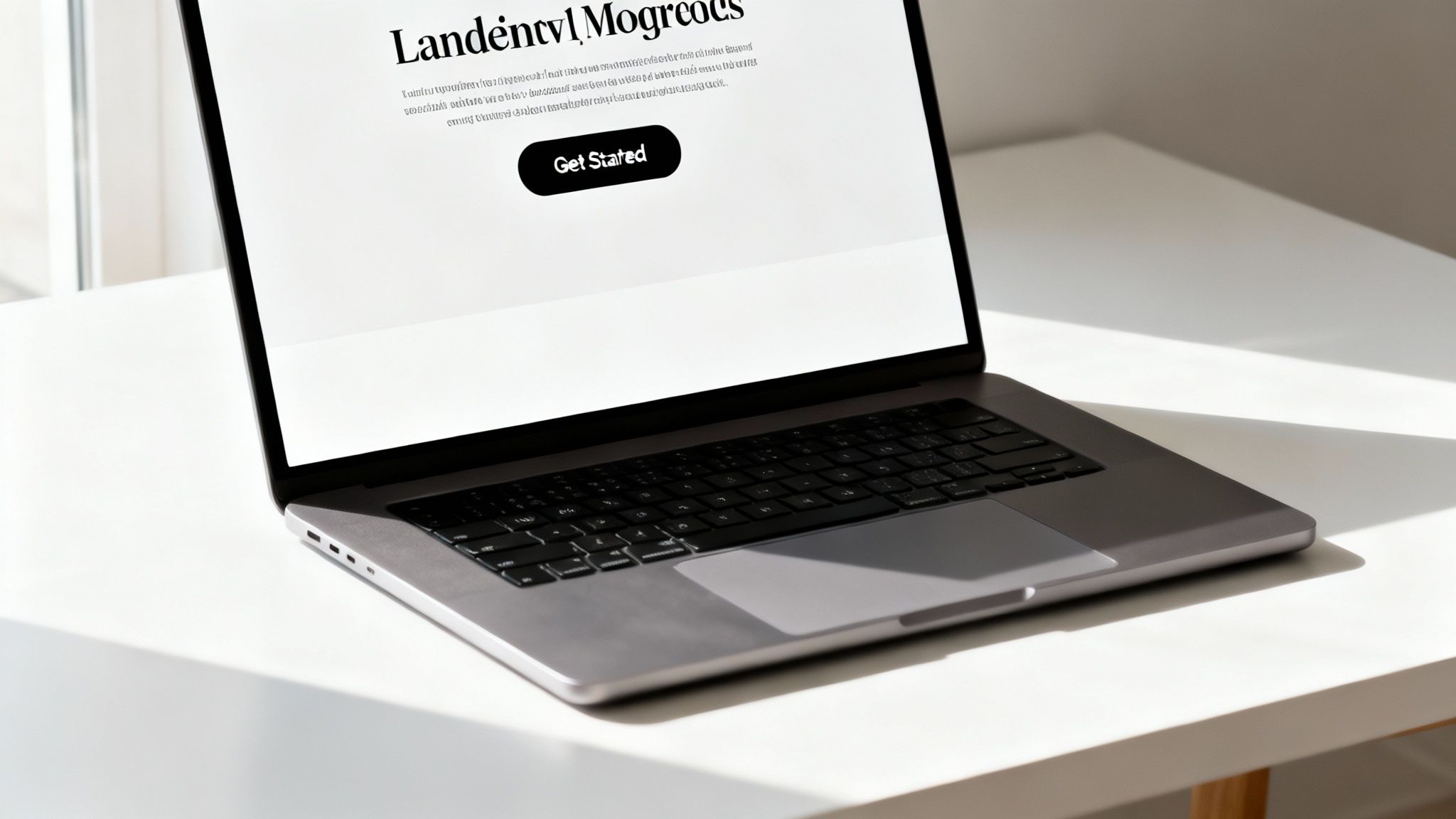 A sleek laptop displaying a website with 'Get Started' button on a clean white desk.
