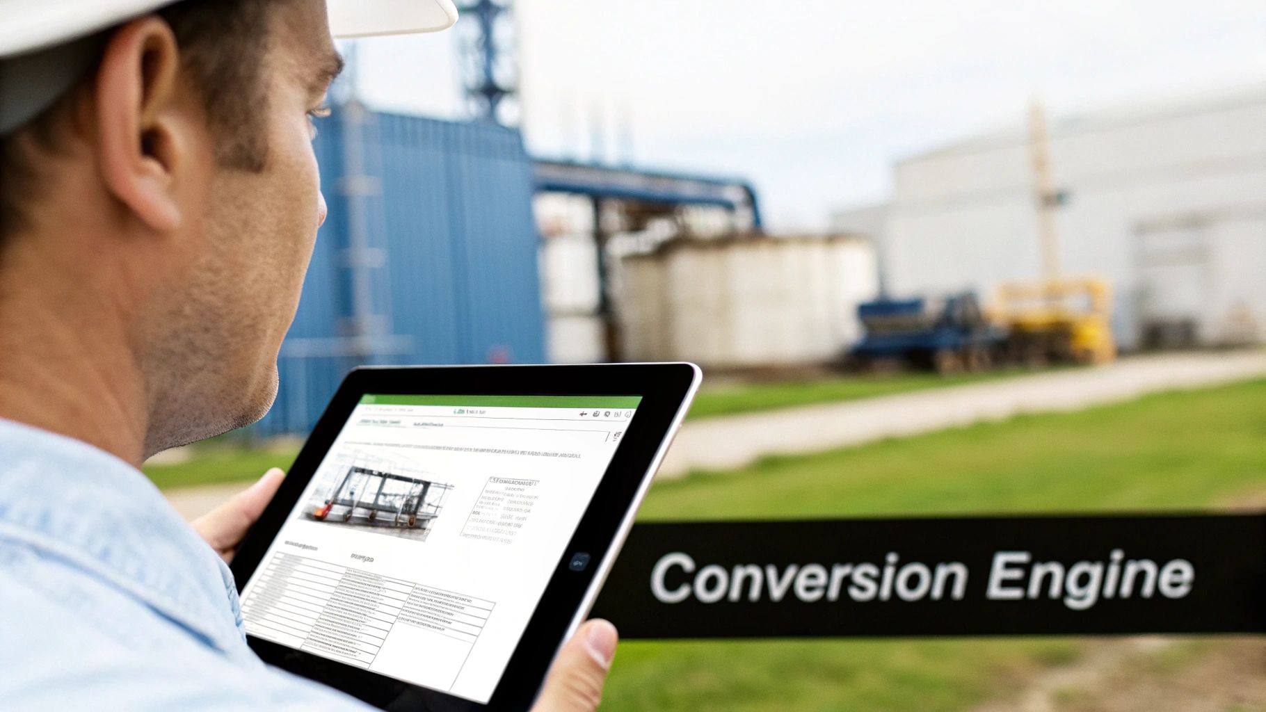 A man in a hard hat views data on a tablet at an industrial site with a 'Conversion Engine' sign.