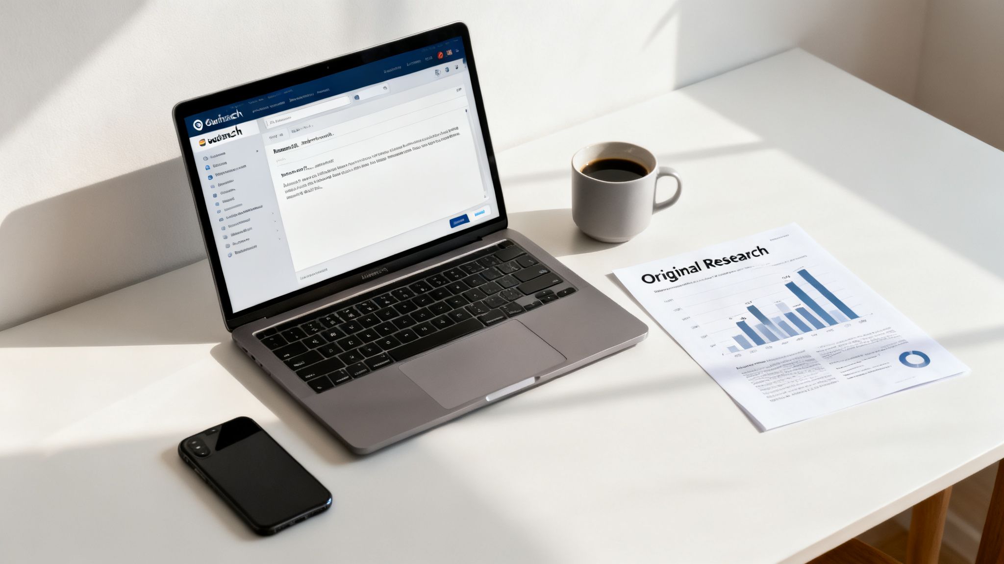 A clean workspace with a laptop, coffee mug, and a printed research report on a white desk.