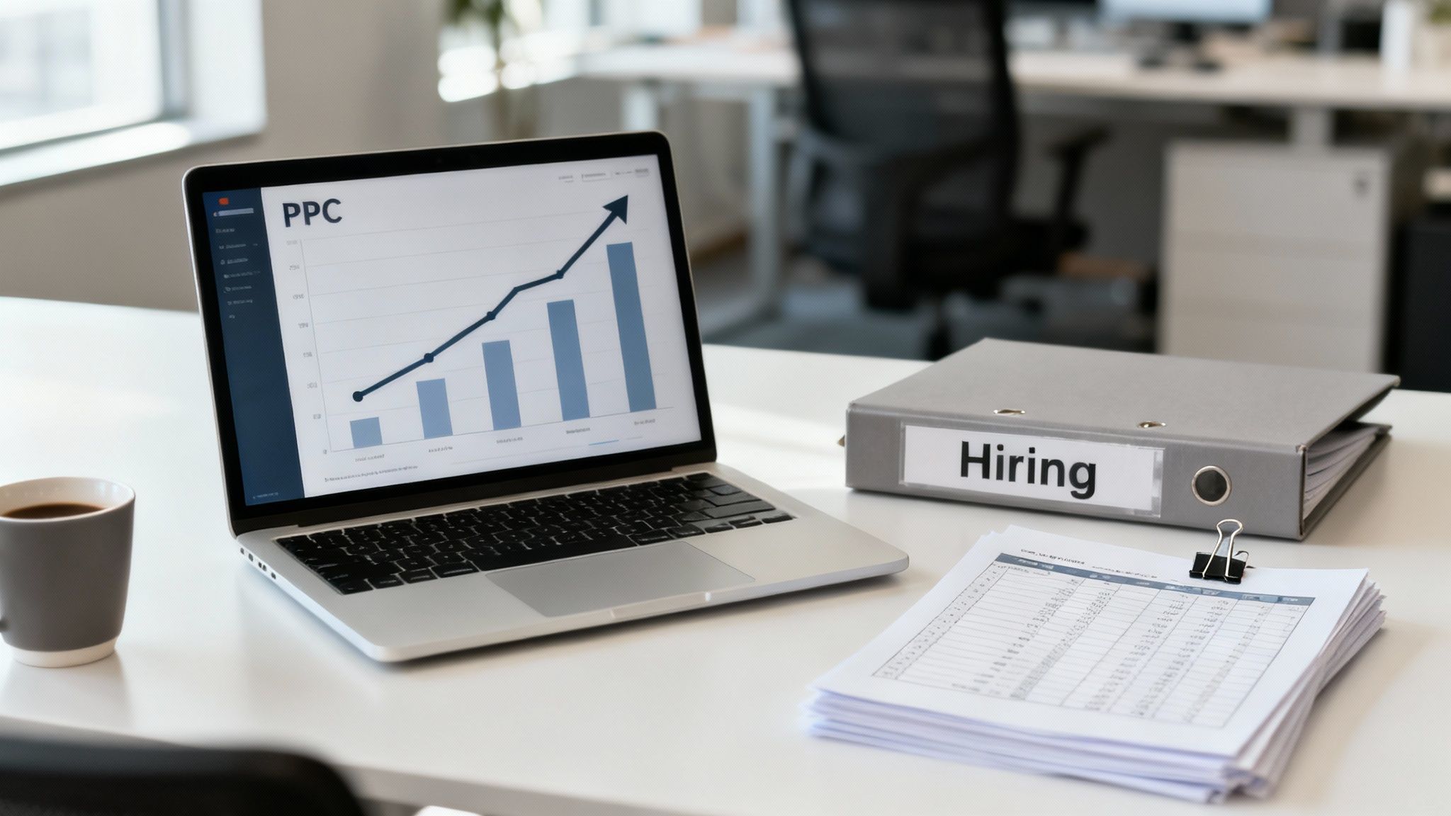 A laptop displays a PPC graph with an upward trend, a 'Hiring' binder, and documents on an office desk.
