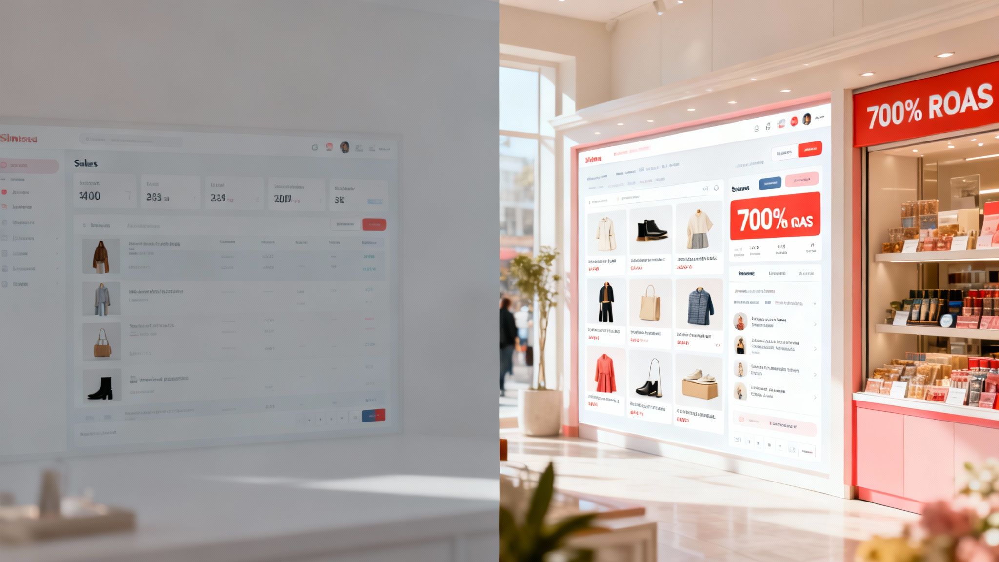 A digital sales dashboard displaying product listings and metrics next to a retail store with a large screen showcasing items and 700% ROAS.