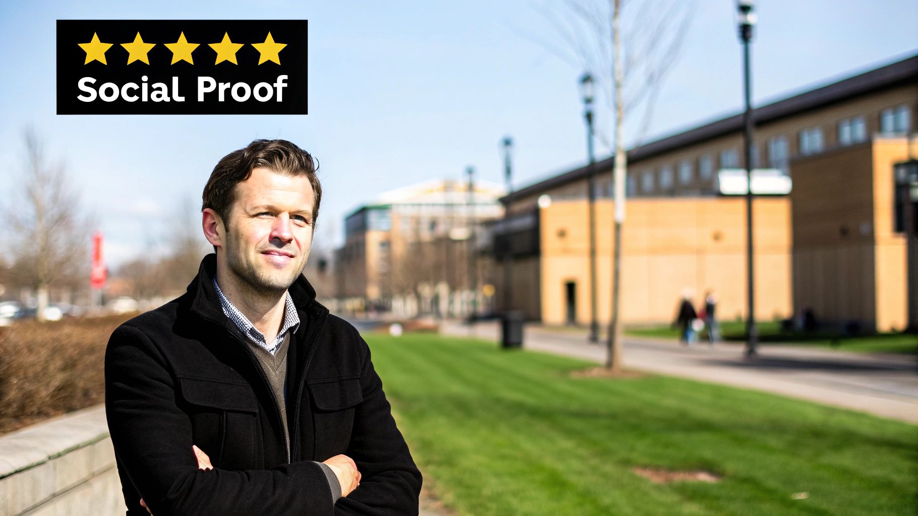 A smiling man in a black coat stands outdoors, with a "Social Proof" banner featuring five stars.
