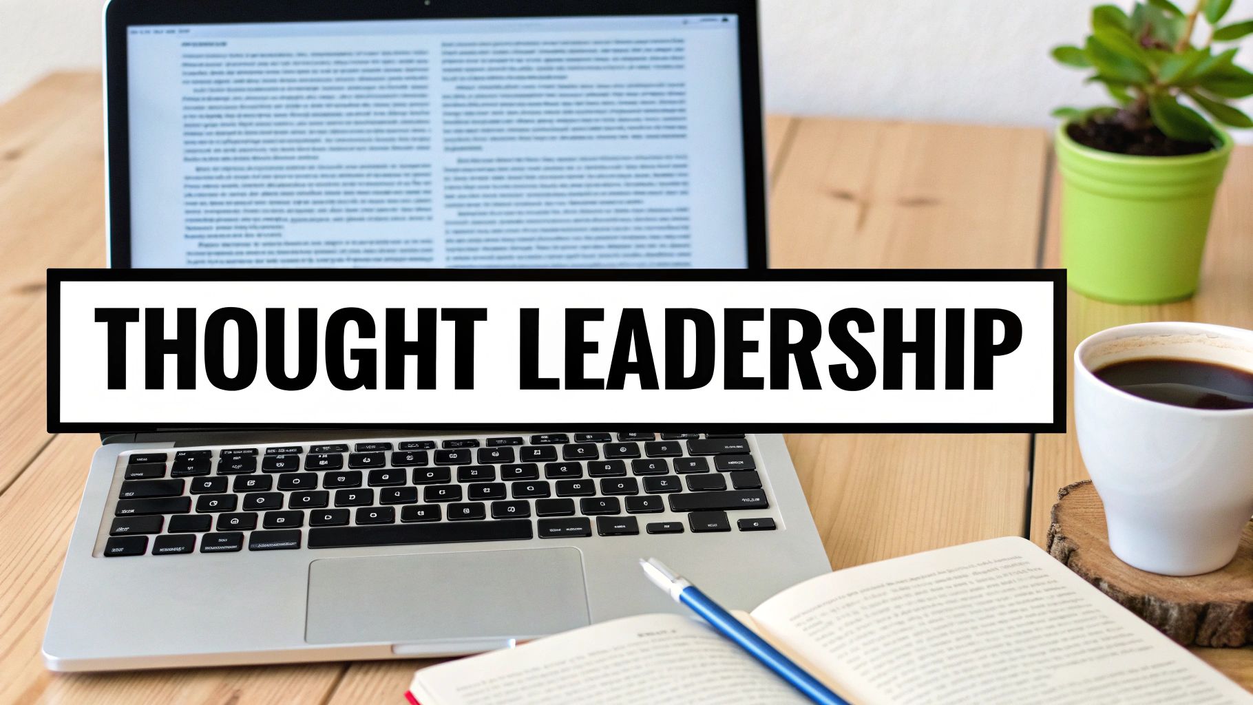 A laptop screen displays 'THOUGHT LEADERSHIP' on a desk with coffee, a plant, and a notebook.