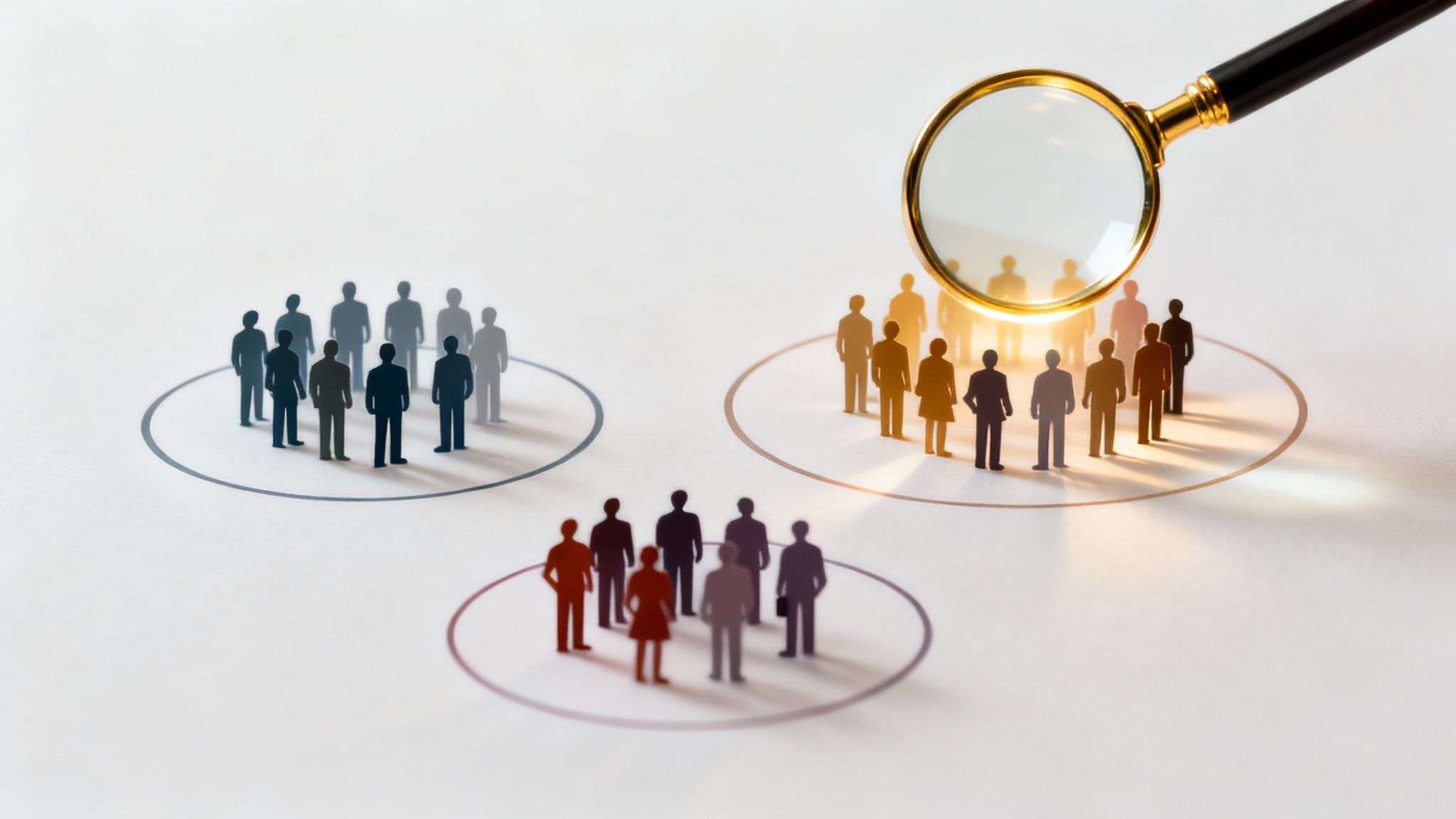 A magnifying glass highlights a group of diverse paper people in one of three segmented circles.