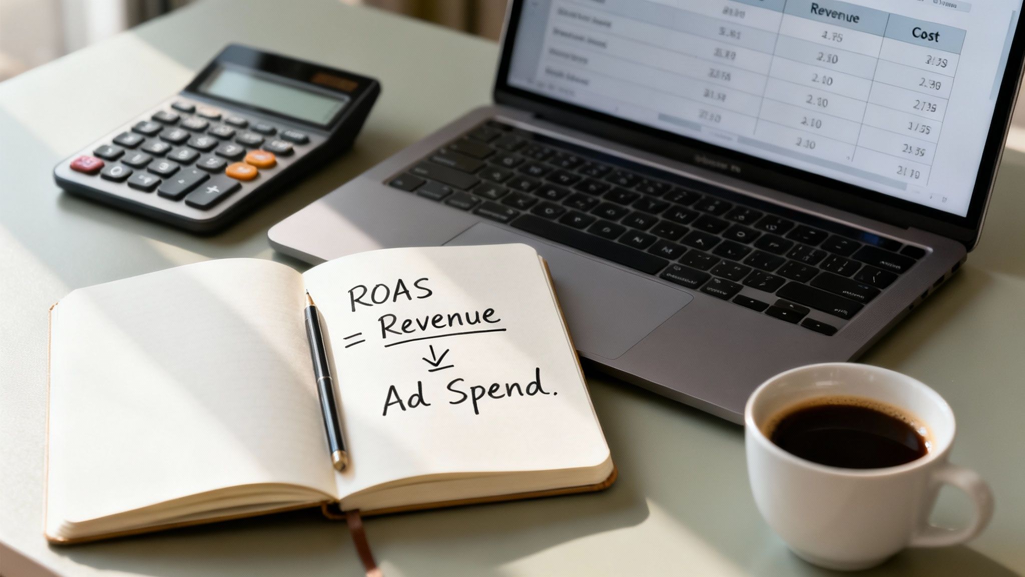 A notebook with the ROAS formula, a laptop showing financial data, a calculator, and coffee on a desk.