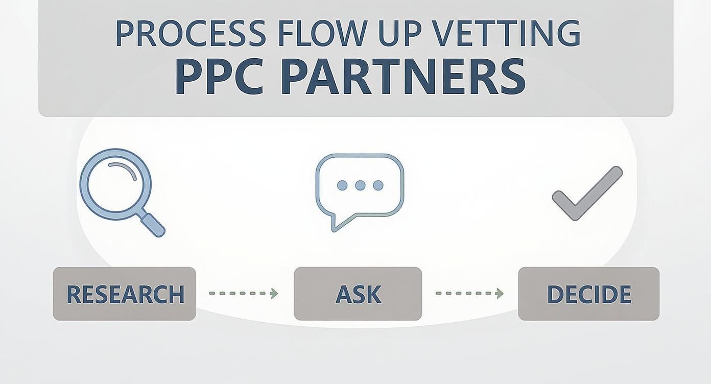 A process flowchart illustrating three steps for vetting PPC partners: Research, Ask, and Decide.