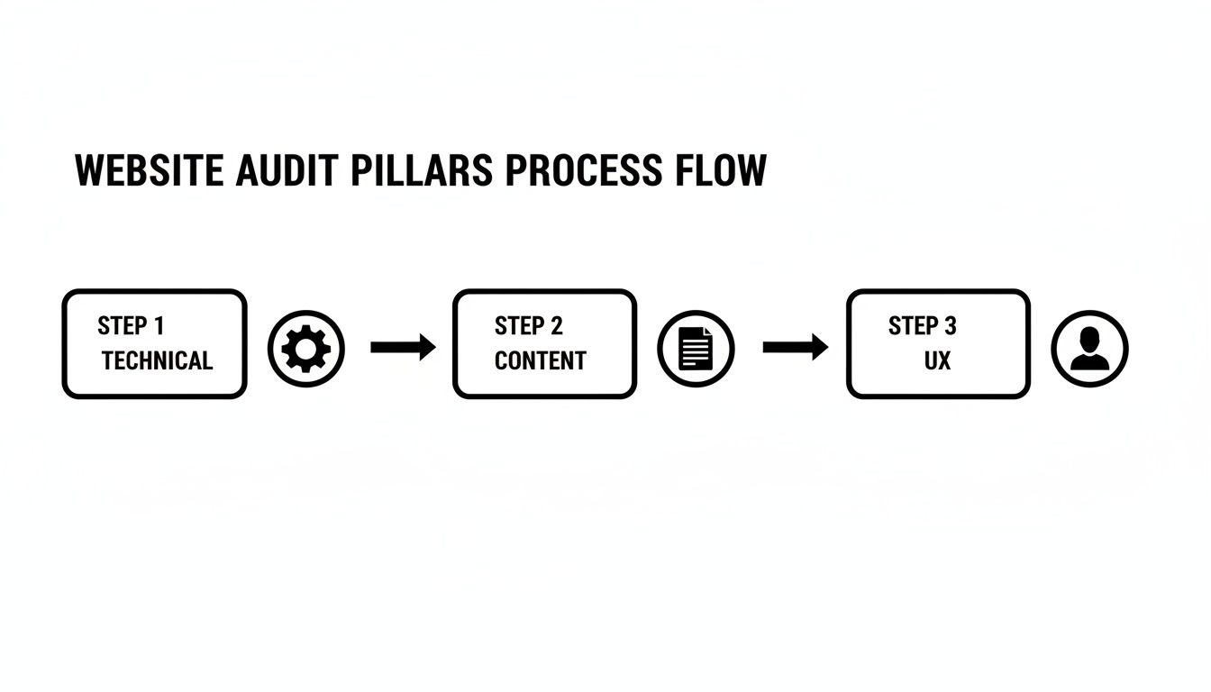 Process flow diagram showing the three pillars of a website audit: technical, content, and UX.