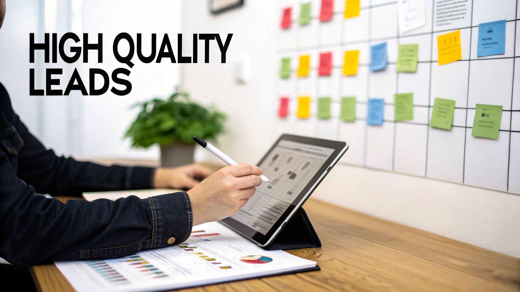 Person uses a tablet and stylus at a desk with charts, a whiteboard with sticky notes in the background.