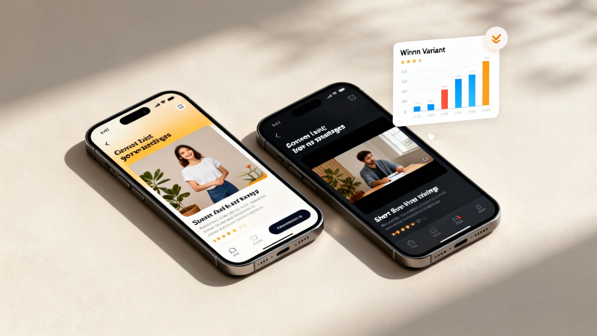 Two smartphones display different app interfaces on a table, with a floating A/B testing chart.