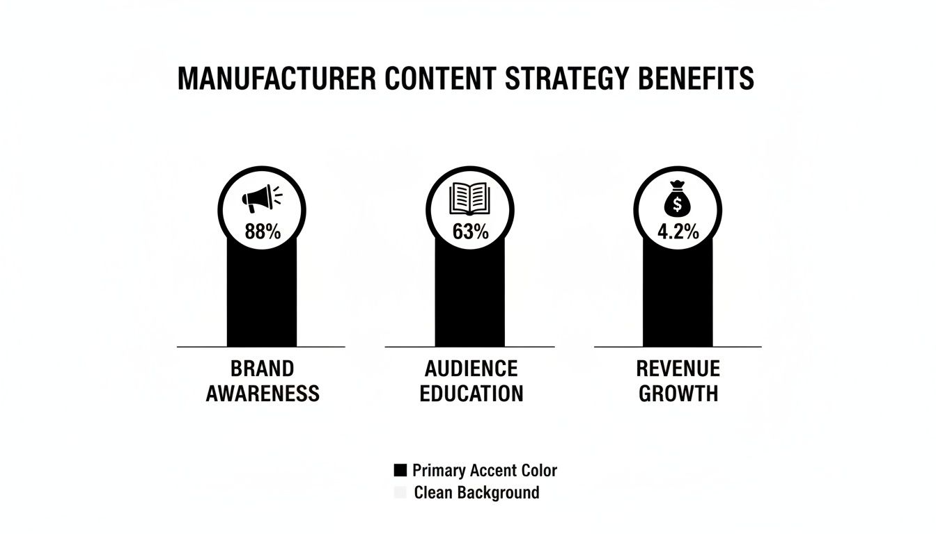 Infographic detailing manufacturer content strategy benefits: 88% brand awareness, 63% audience education, and 4.2% revenue growth.