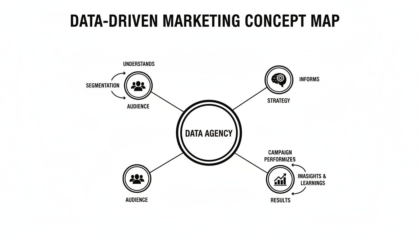 Concept map illustrating a data-driven marketing agency's process, connecting audience, strategy, and results through insights.