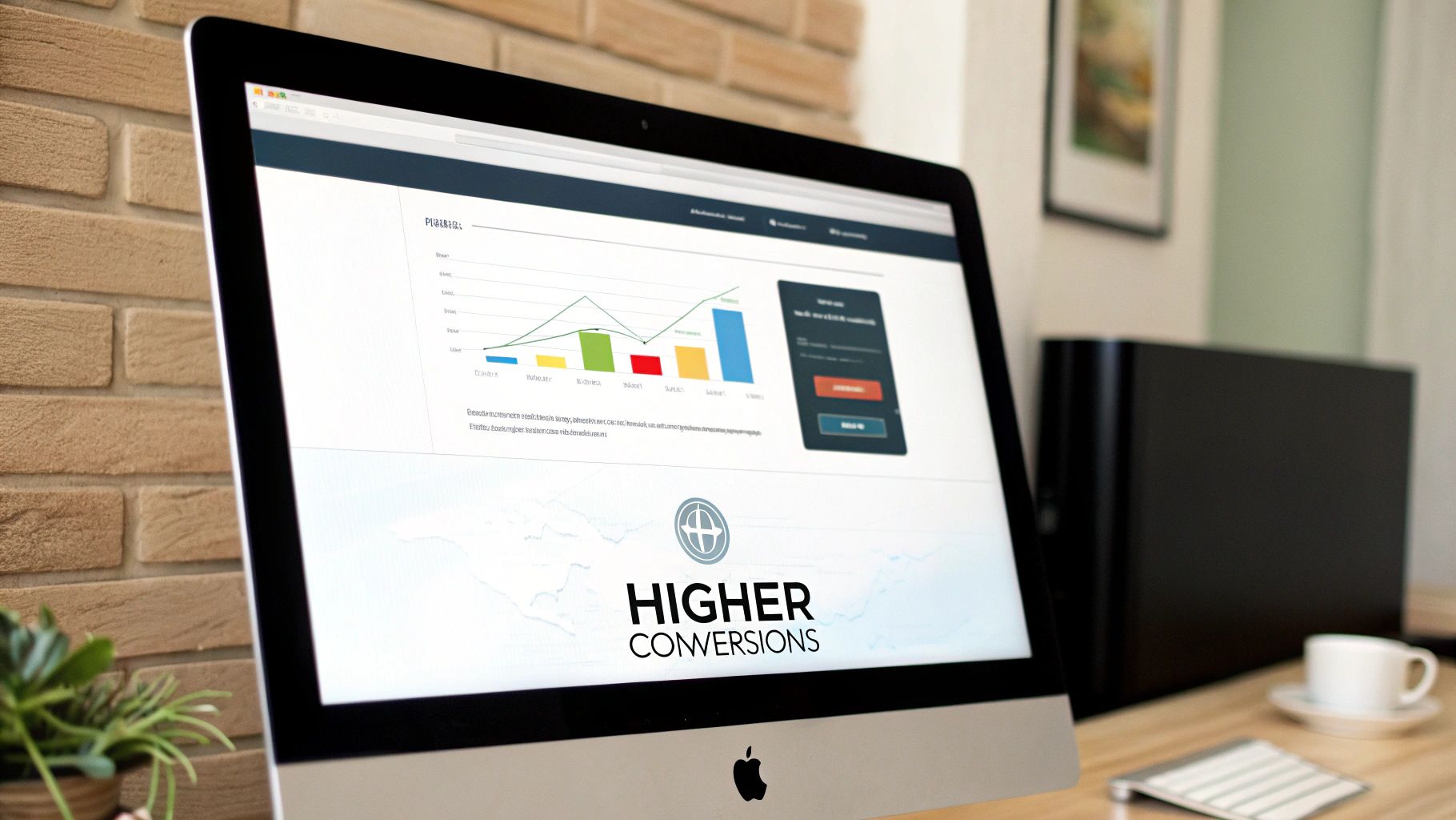 A sleek Apple iMac displays digital marketing performance data with charts and 'Higher Conversions'.