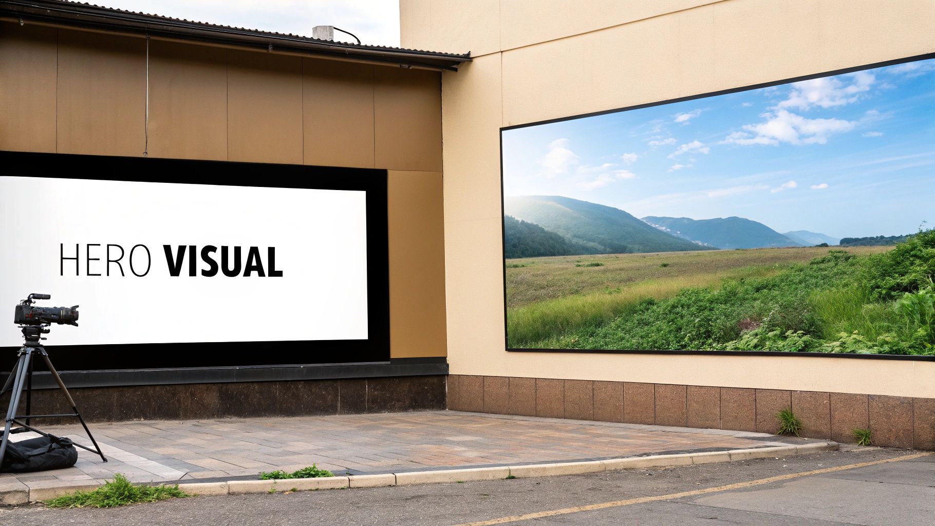 Two large billboards on a building, one displaying 'HERO VISUAL' with a camera, the other a scenic mountain landscape.