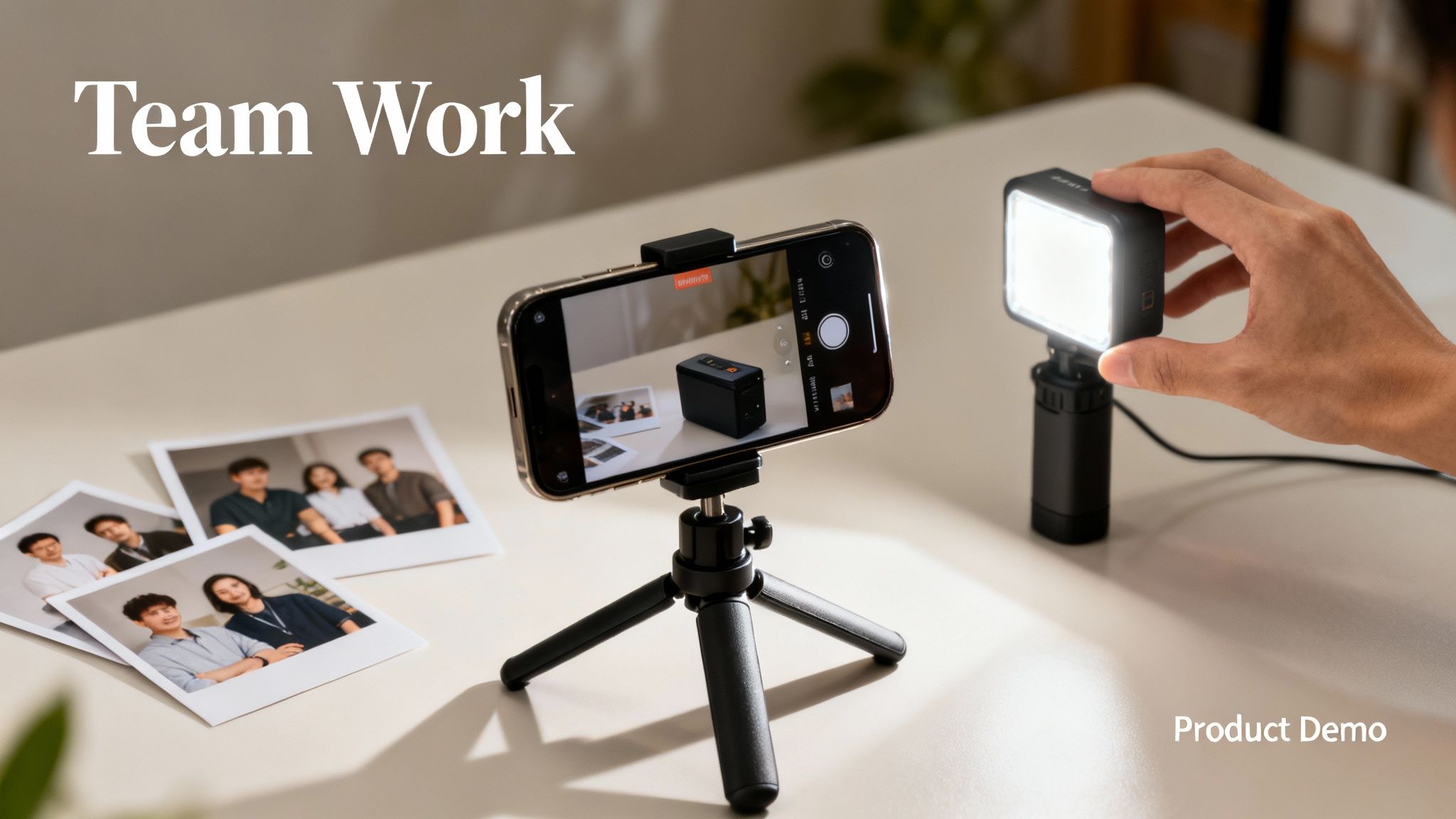 A smartphone on a tripod recording a product with an LED light, surrounded by instant photos.