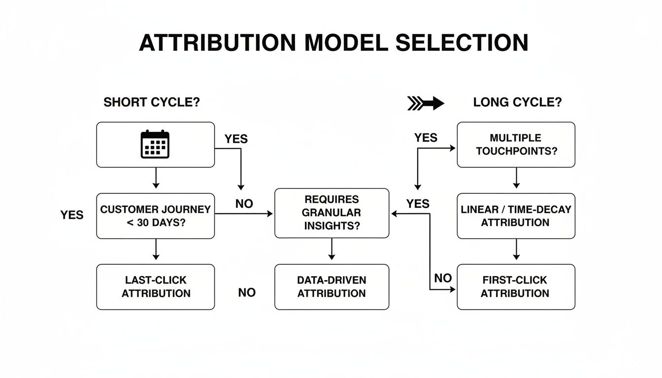 Flowchart guiding the selection of marketing attribution models based on customer journey length and insight needs.